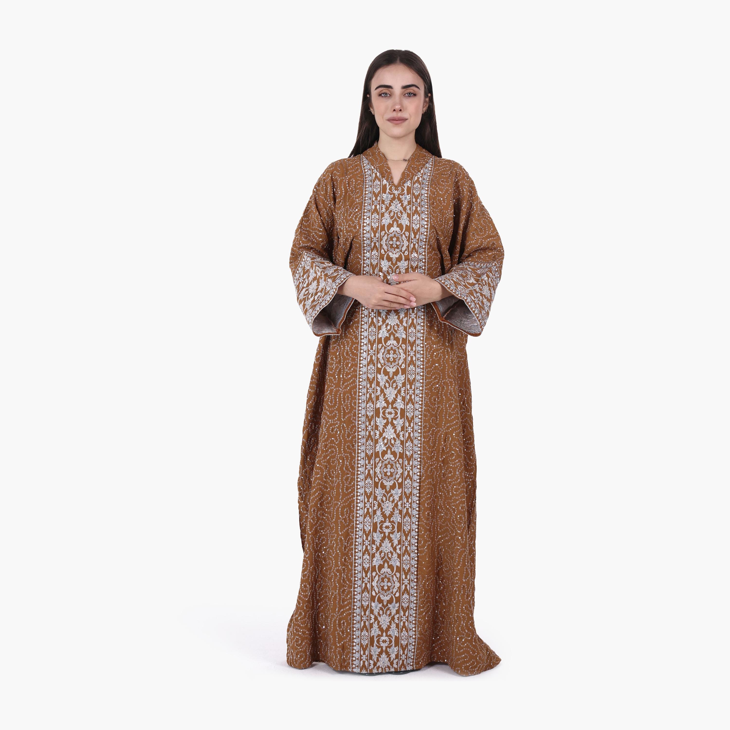 AL BENT AL SHARQIEH Vine Embroidered Flared Sleeves Linen Women's Evening Jalabiya-women-arabicclothing-jalabiyas-image-1
