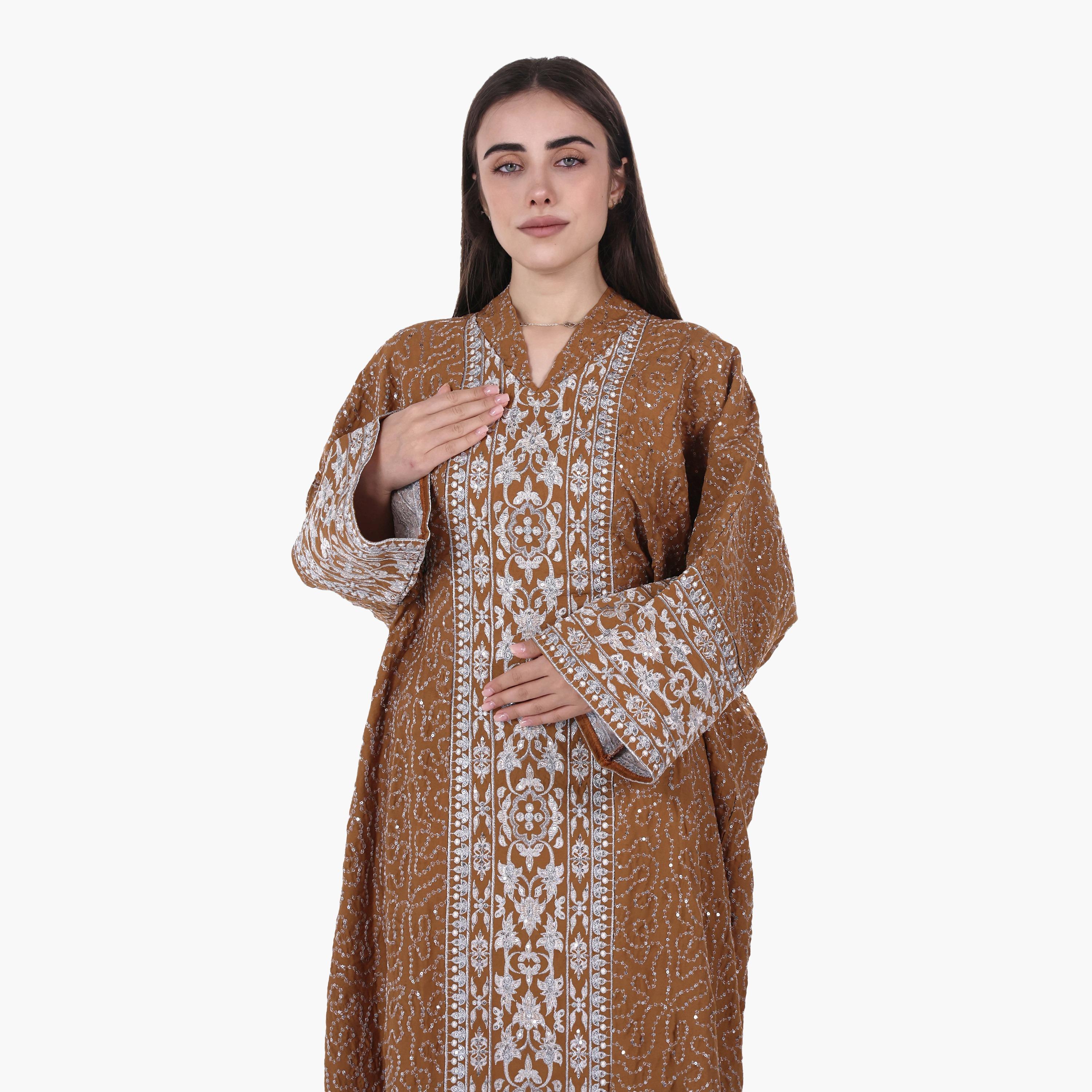 AL BENT AL SHARQIEH Vine Embroidered Flared Sleeves Linen Women's Evening Jalabiya-women-arabicclothing-jalabiyas-image-2