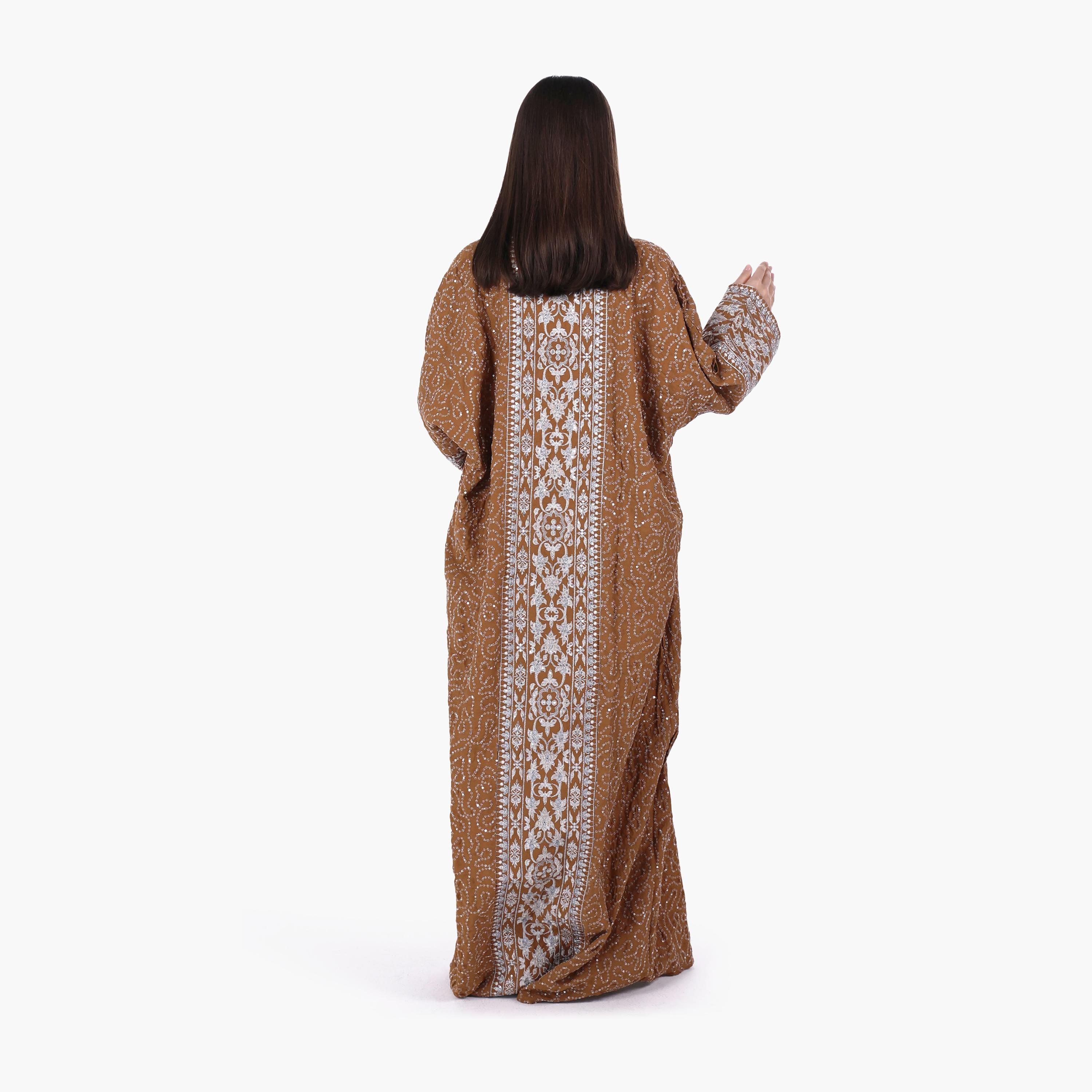AL BENT AL SHARQIEH Vine Embroidered Flared Sleeves Linen Women's Evening Jalabiya-women-arabicclothing-jalabiyas-image-3