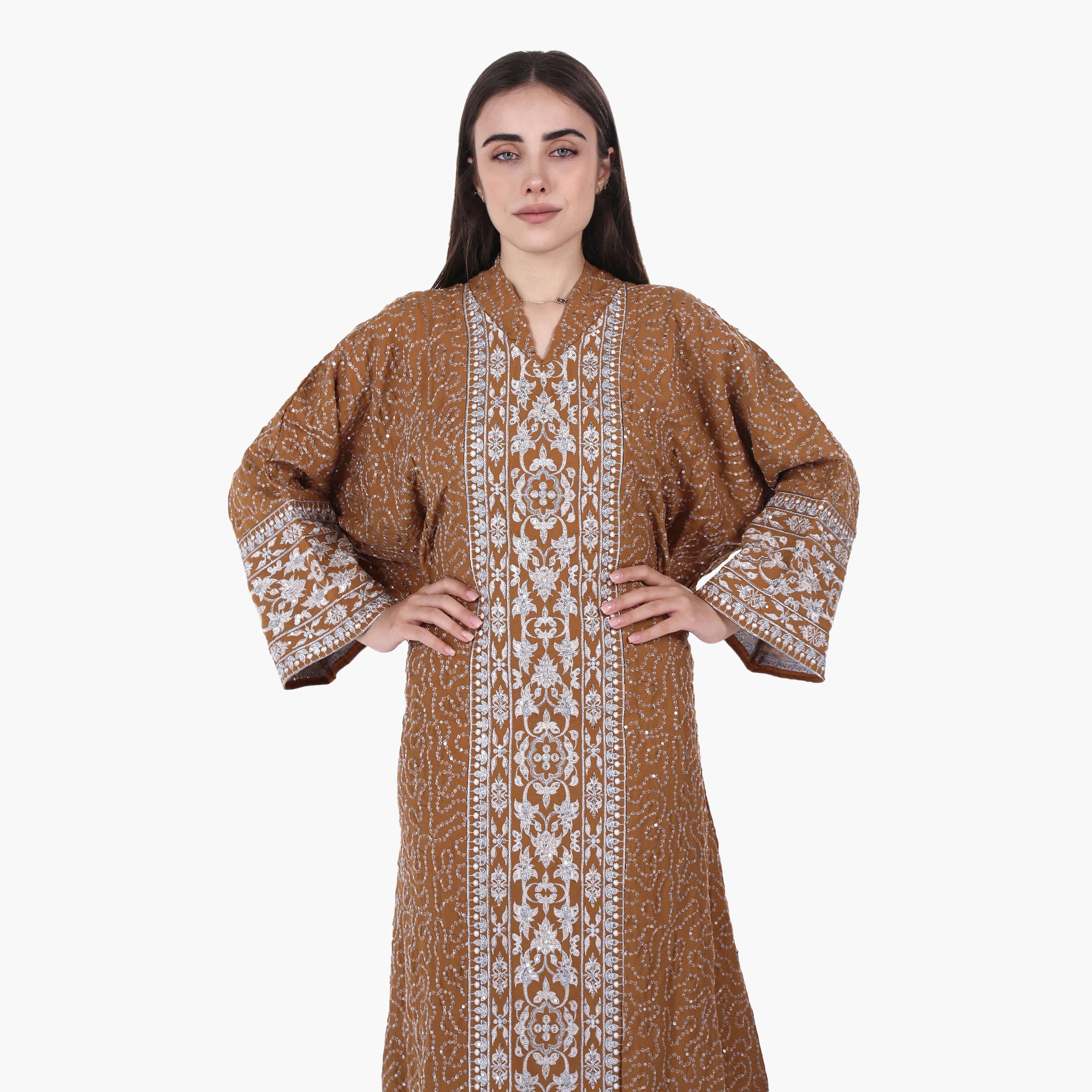 AL BENT AL SHARQIEH Vine Embroidered Flared Sleeves Linen Women's Evening Jalabiya-women-arabicclothing-jalabiyas-image-4