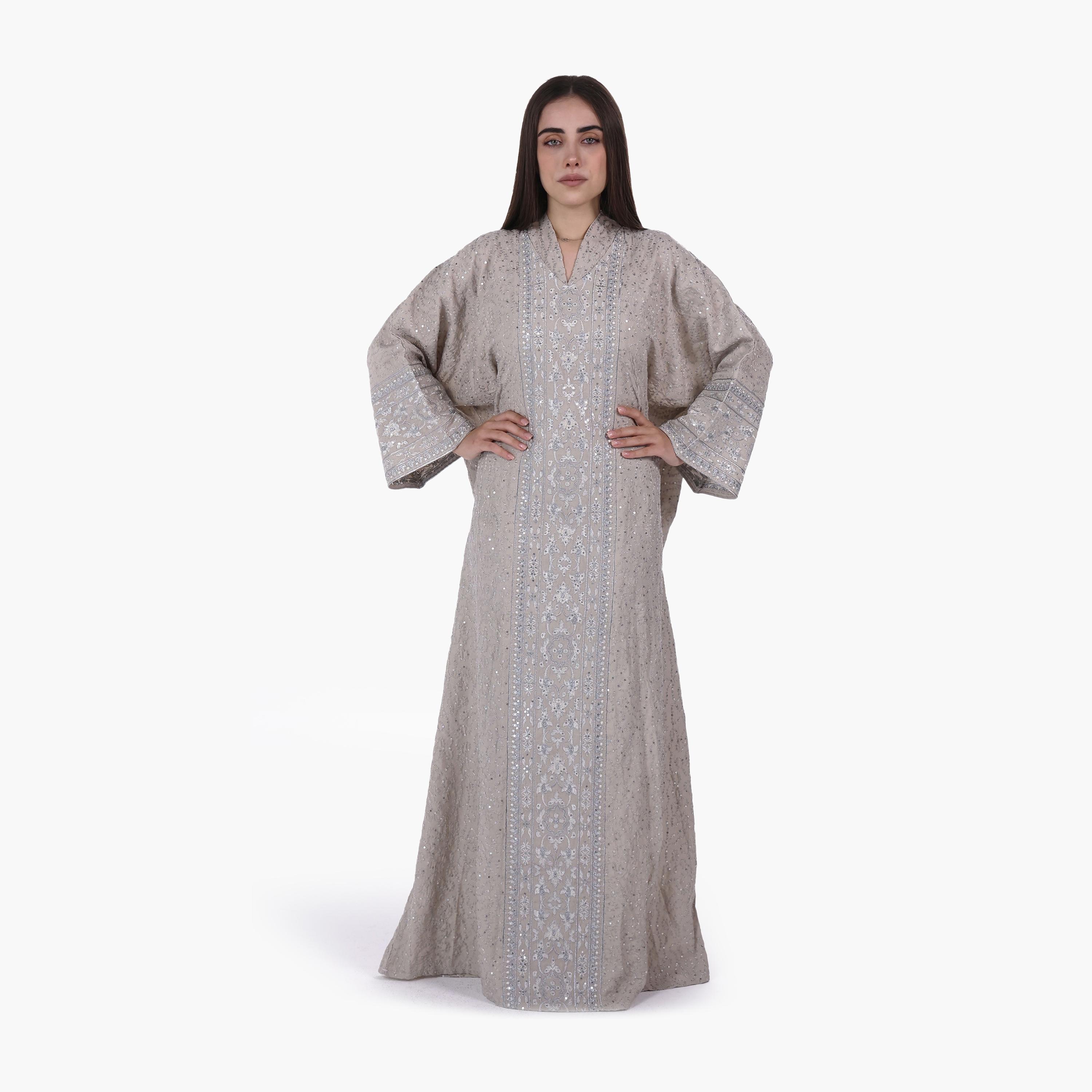 AL BENT AL SHARQIEH Vine Embroidered Flared Sleeves Linen Women's Evening Jalabiya-women-arabicclothing-jalabiyas-image-1