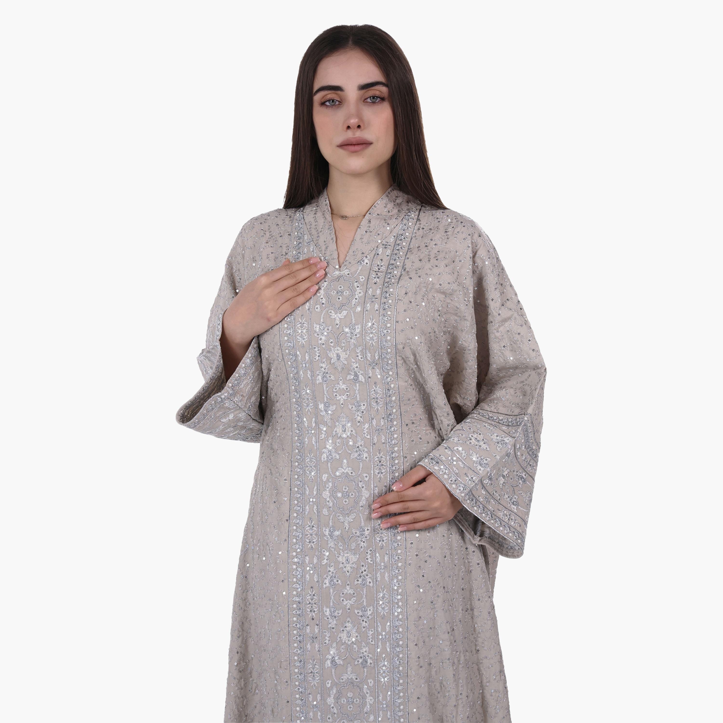 AL BENT AL SHARQIEH Vine Embroidered Flared Sleeves Linen Women's Evening Jalabiya-women-arabicclothing-jalabiyas-image-2