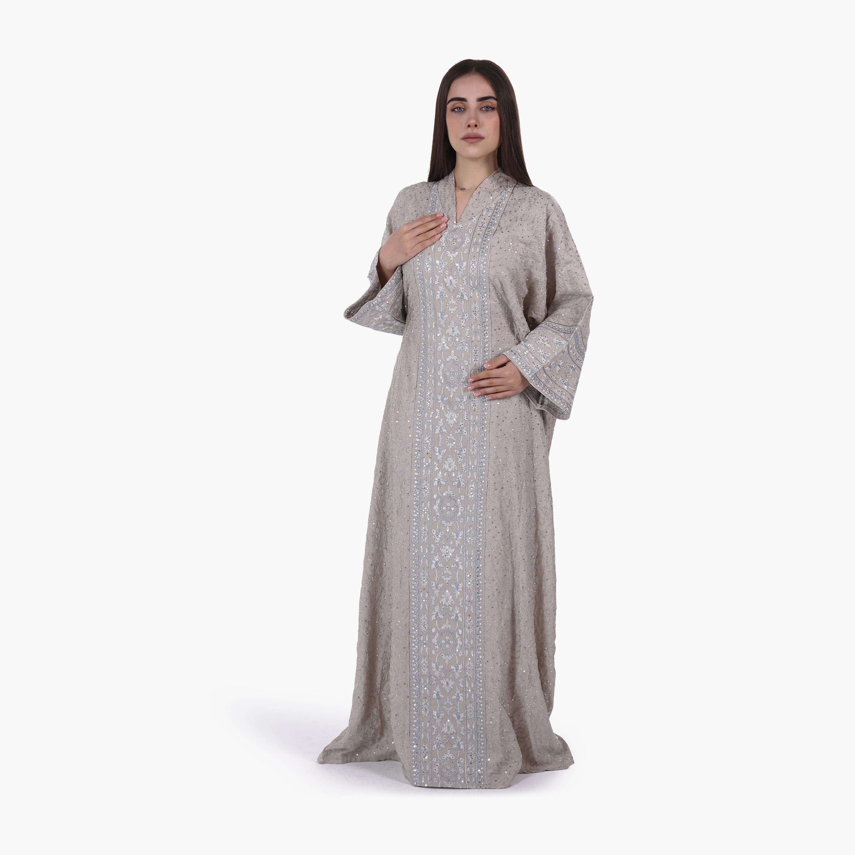 AL BENT AL SHARQIEH Vine Embroidered Flared Sleeves Linen Women's Evening Jalabiya-women-arabicclothing-jalabiyas-image-3