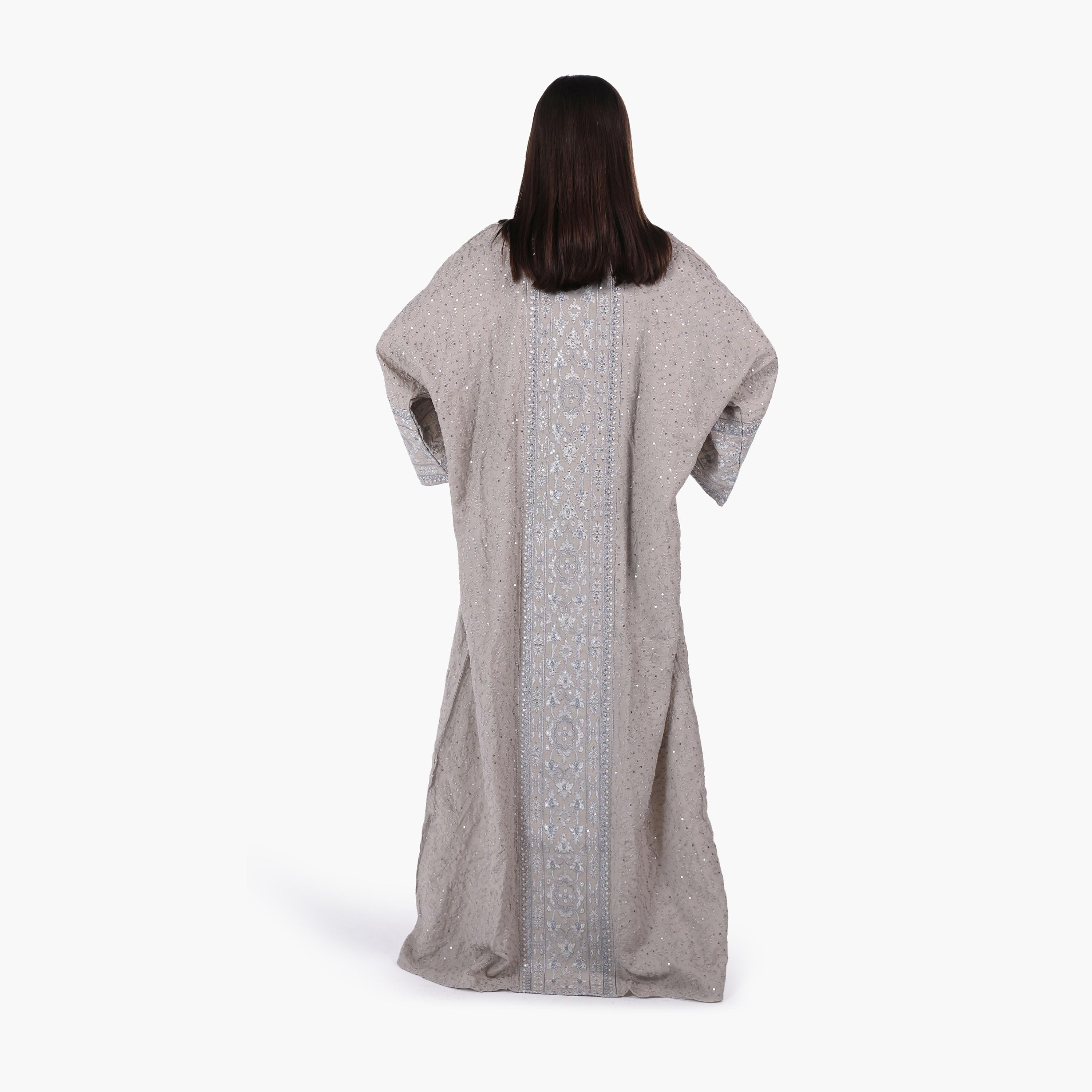 AL BENT AL SHARQIEH Vine Embroidered Flared Sleeves Linen Women's Evening Jalabiya-women-arabicclothing-jalabiyas-image-4
