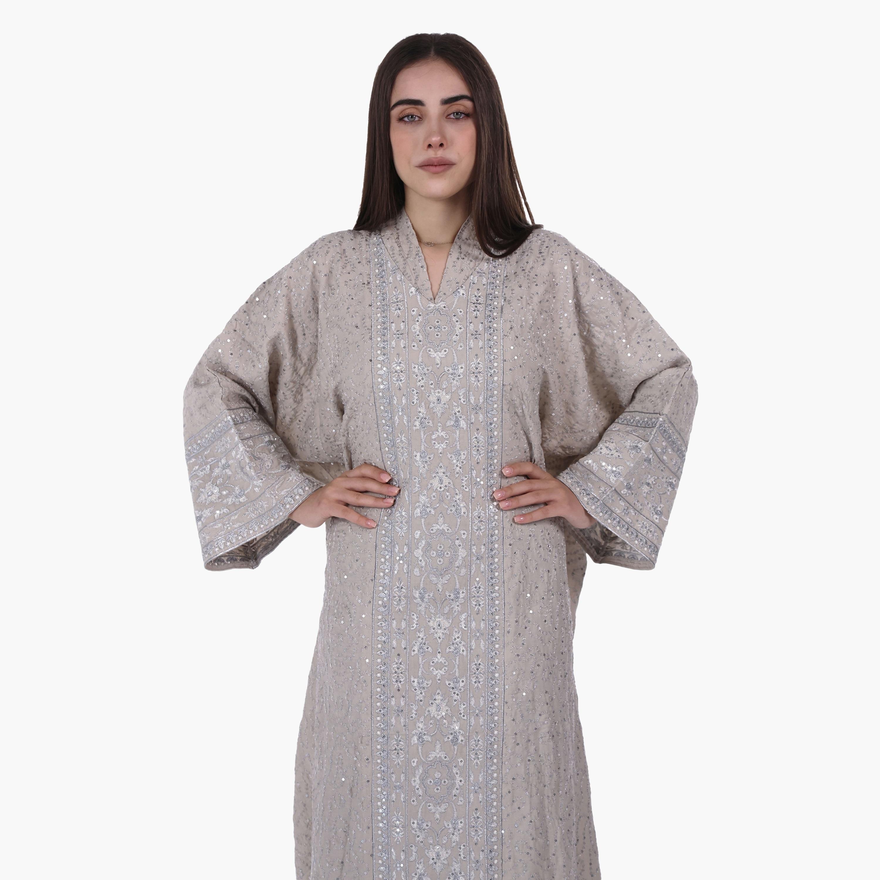 AL BENT AL SHARQIEH Vine Embroidered Flared Sleeves Linen Women's Evening Jalabiya-women-arabicclothing-jalabiyas-image-5