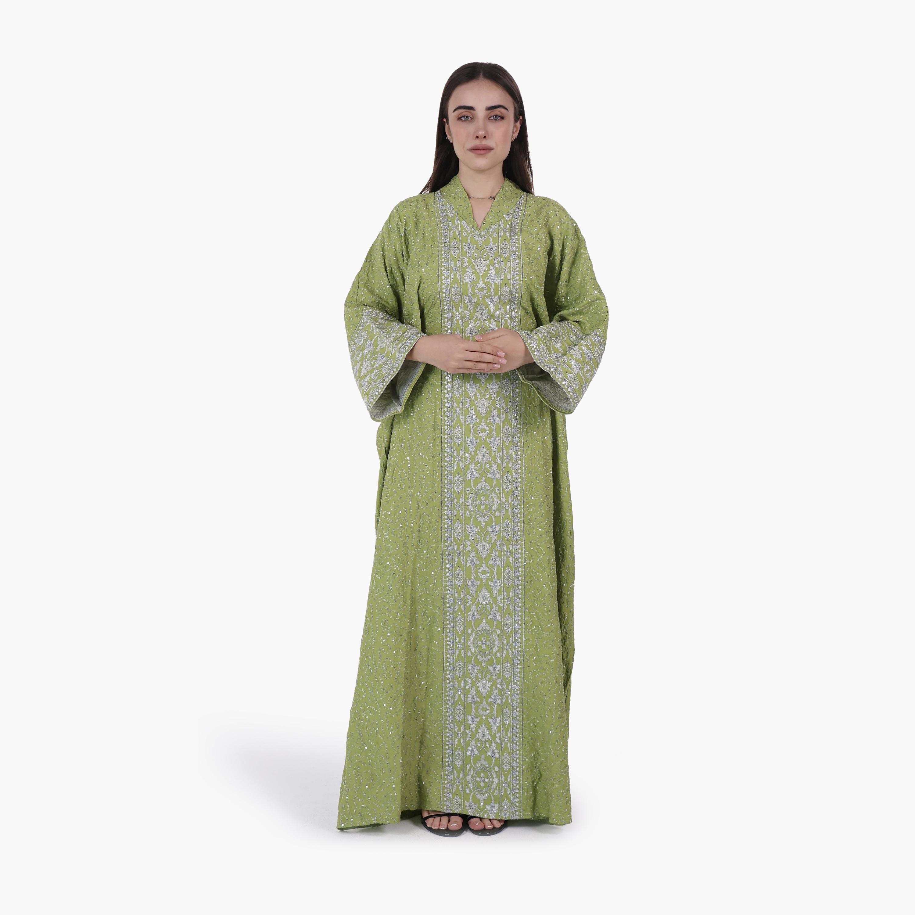AL BENT AL SHARQIEH Vine Embroidered Flared Sleeves Linen Women's Evening Jalabiya-women-arabicclothing-jalabiyas-image-1