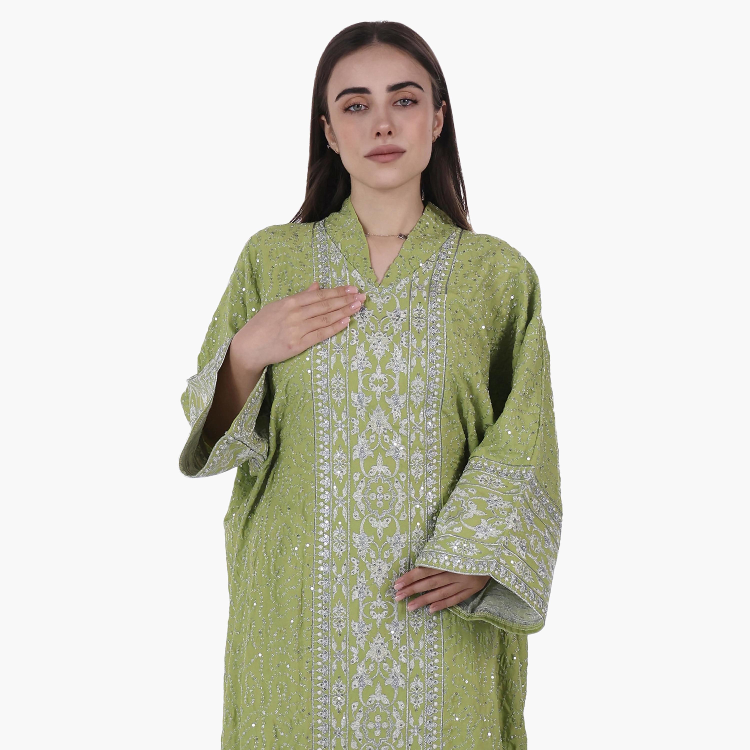 AL BENT AL SHARQIEH Vine Embroidered Flared Sleeves Linen Women's Evening Jalabiya-women-arabicclothing-jalabiyas-image-2