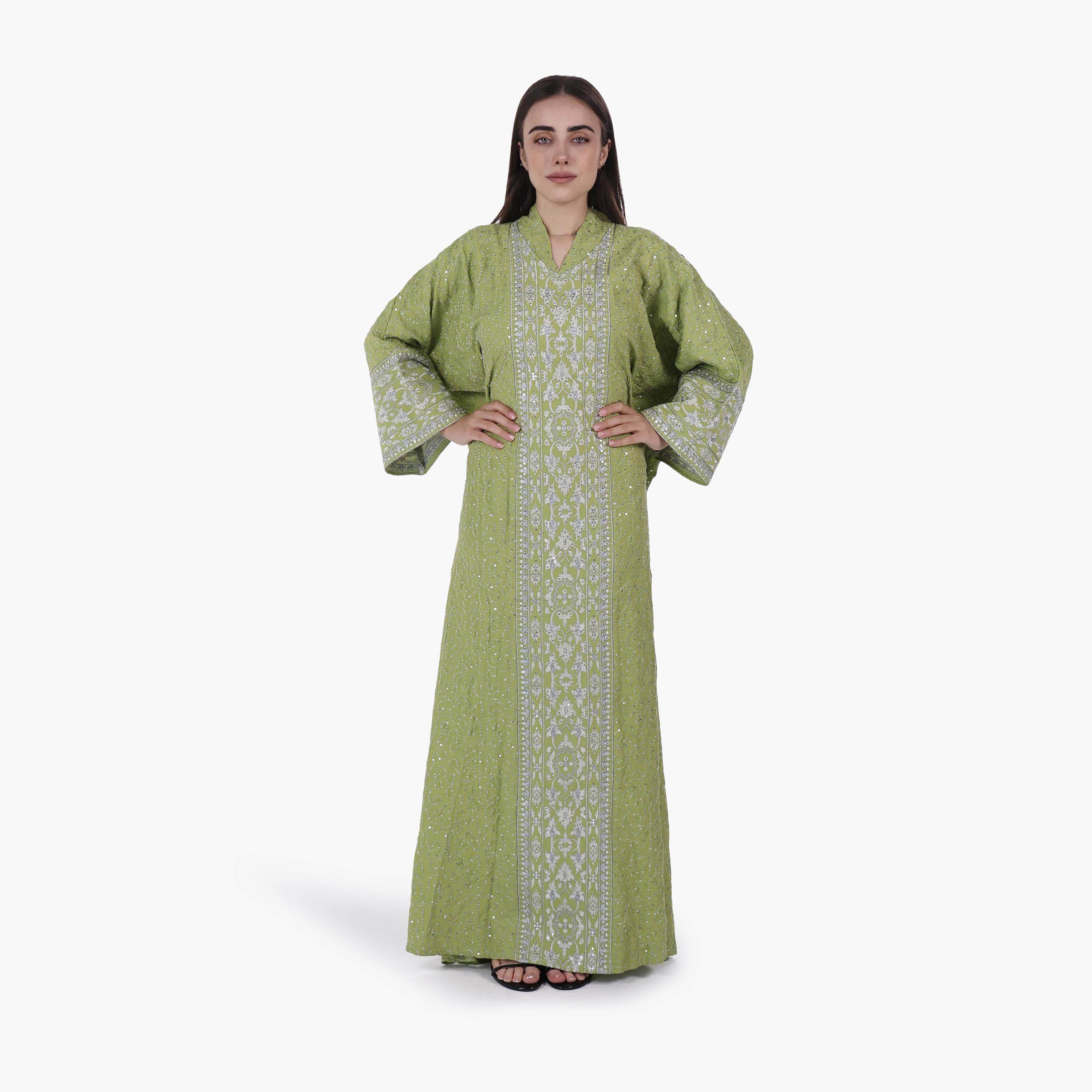 AL BENT AL SHARQIEH Vine Embroidered Flared Sleeves Linen Women's Evening Jalabiya-women-arabicclothing-jalabiyas-image-4