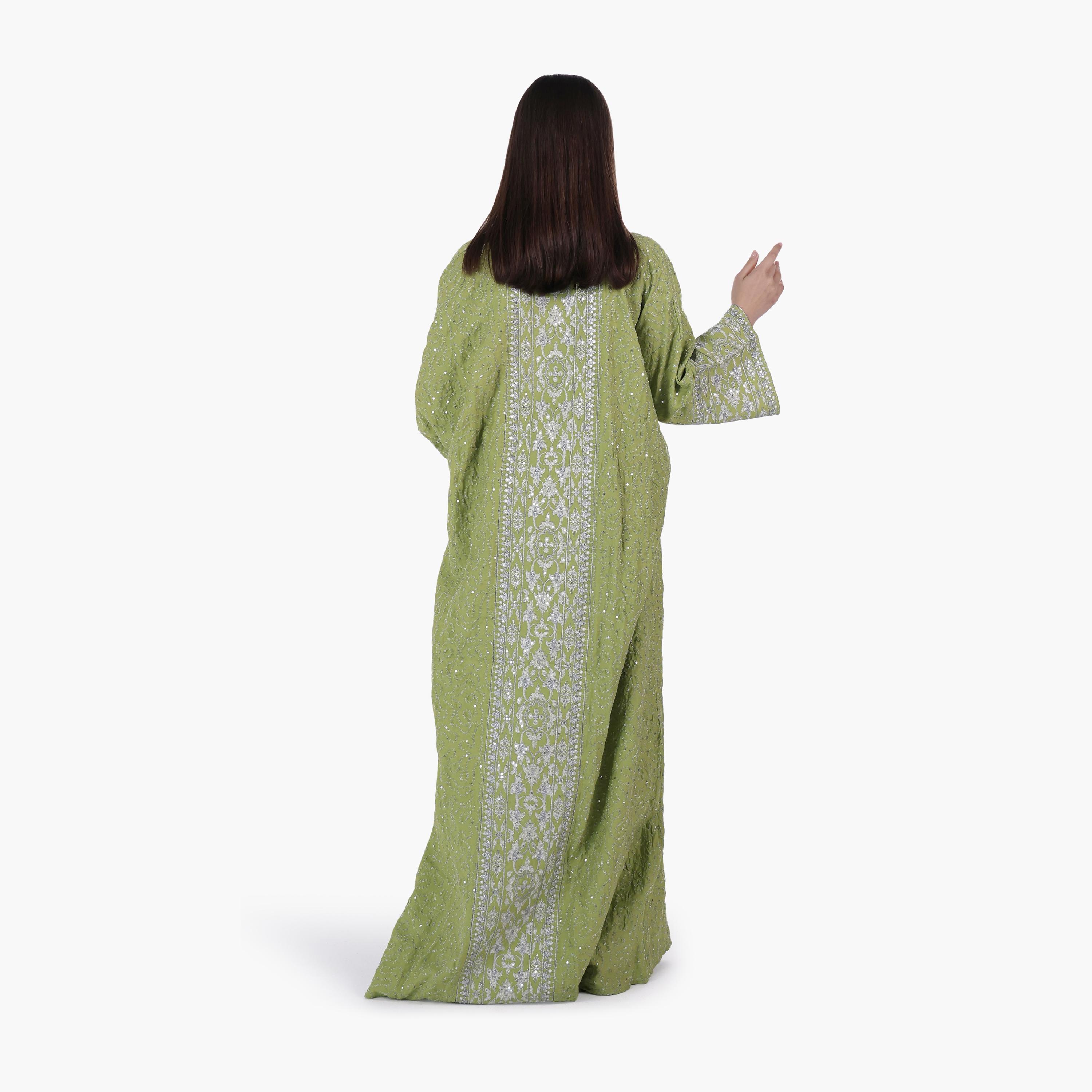 AL BENT AL SHARQIEH Vine Embroidered Flared Sleeves Linen Women's Evening Jalabiya-women-arabicclothing-jalabiyas-image-5