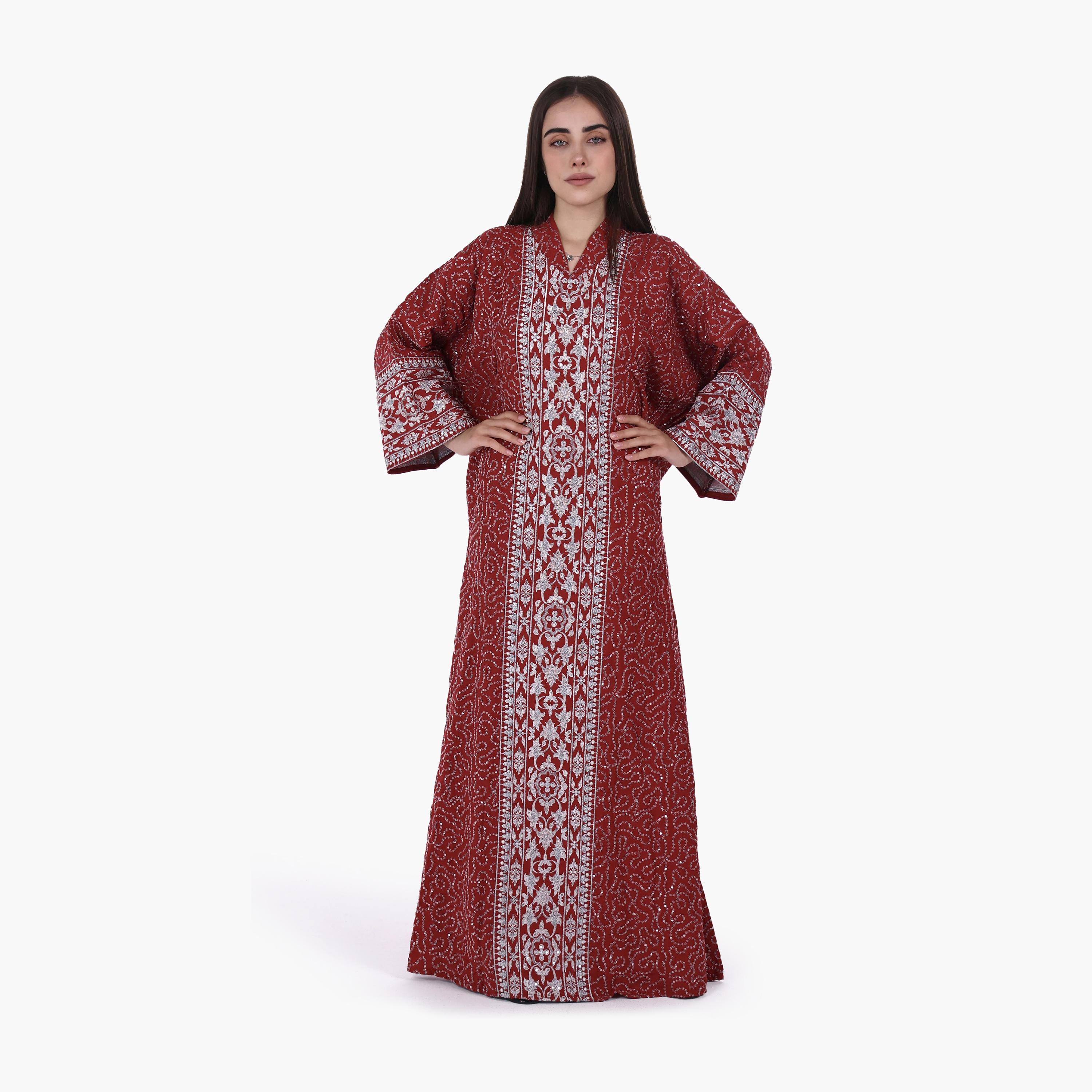 AL BENT AL SHARQIEH Vine Embroidered Flared Sleeves Linen Women's Evening Jalabiya-women-arabicclothing-jalabiyas-image-1