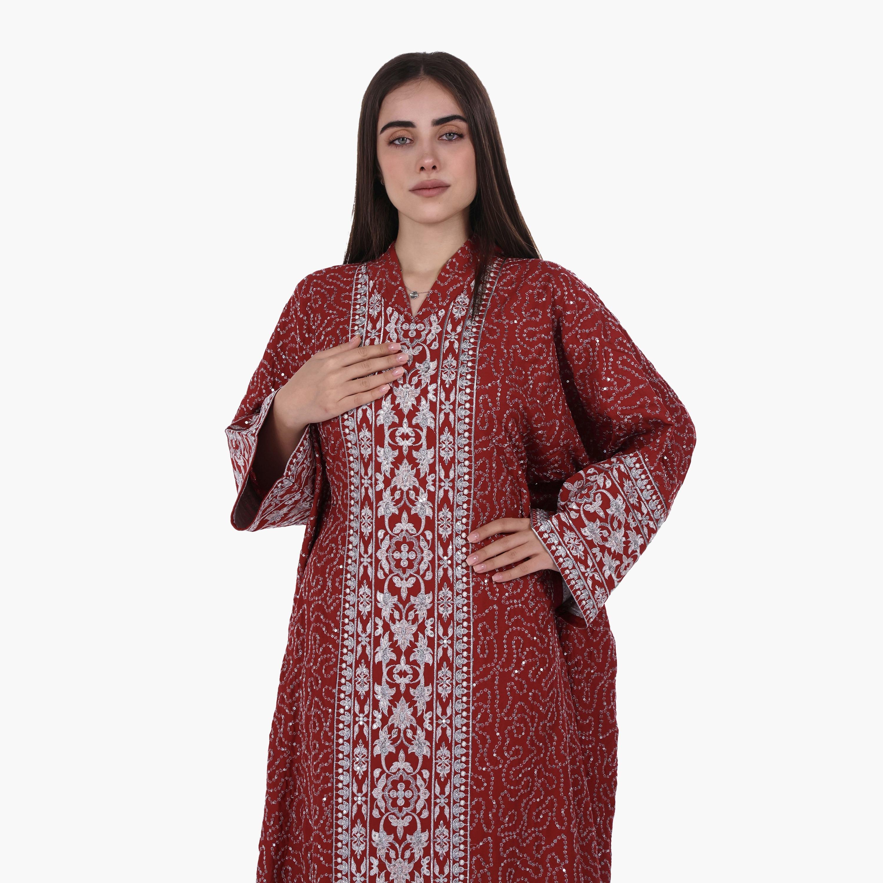 AL BENT AL SHARQIEH Vine Embroidered Flared Sleeves Linen Women's Evening Jalabiya-women-arabicclothing-jalabiyas-image-2