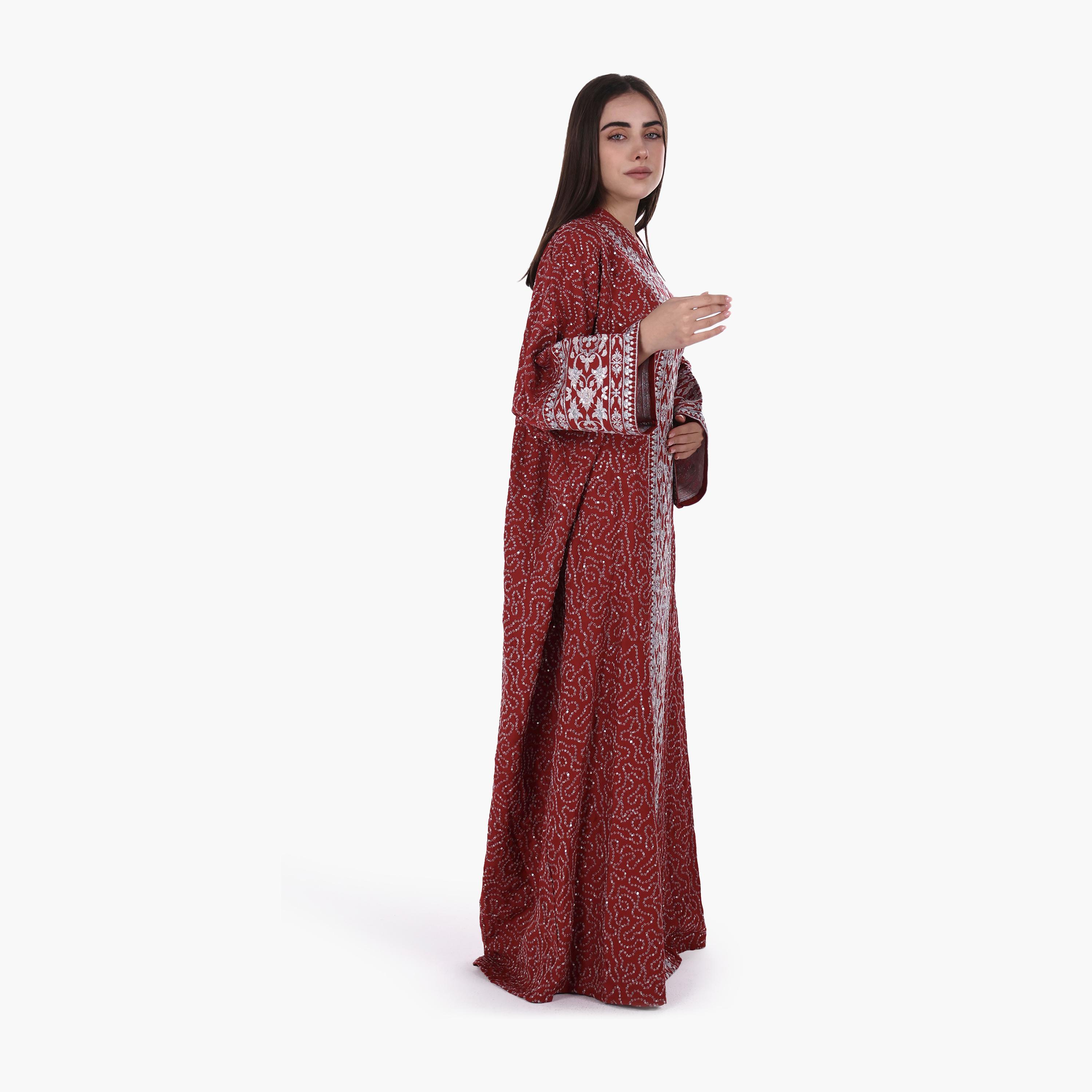 AL BENT AL SHARQIEH Vine Embroidered Flared Sleeves Linen Women's Evening Jalabiya-women-arabicclothing-jalabiyas-image-3