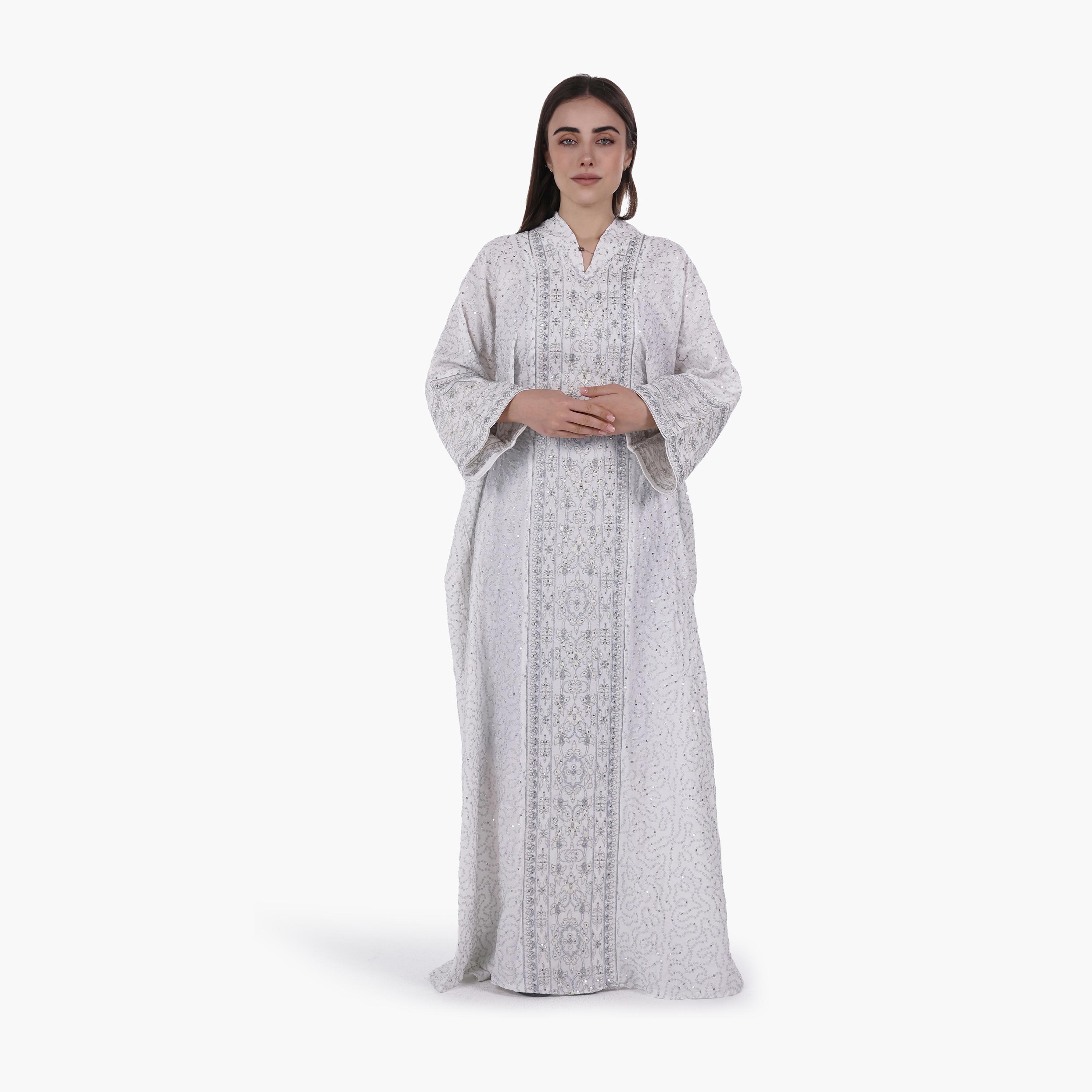 AL BENT AL SHARQIEH Vine Embroidered Flared Sleeves Linen Women's Evening Jalabiya-women-arabicclothing-jalabiyas-image-1