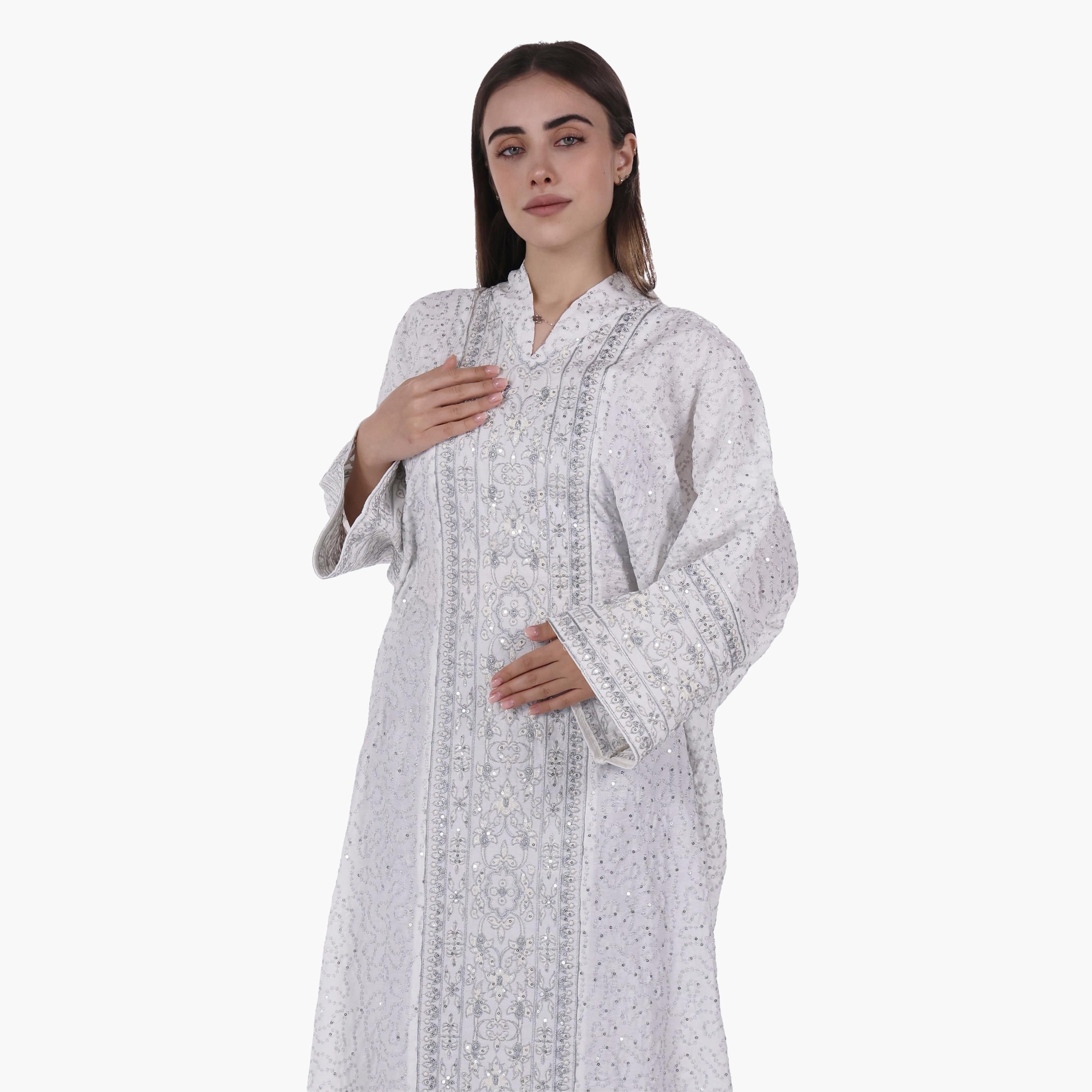 AL BENT AL SHARQIEH Vine Embroidered Flared Sleeves Linen Women's Evening Jalabiya-women-arabicclothing-jalabiyas-image-2