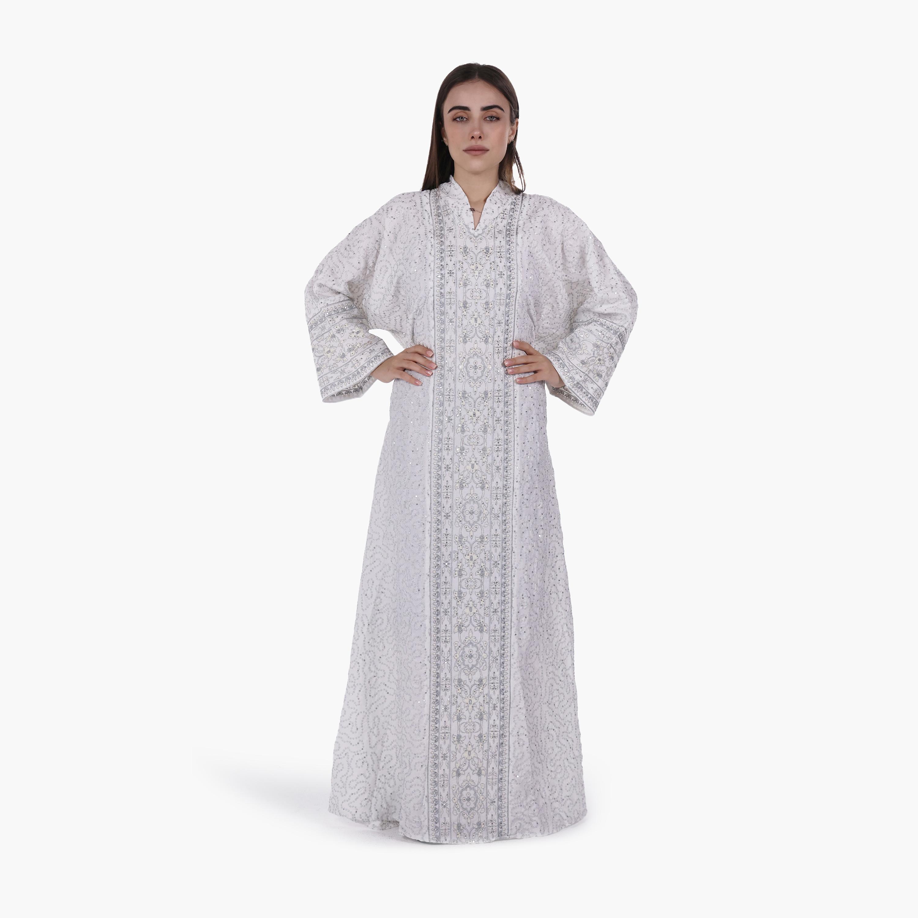 AL BENT AL SHARQIEH Vine Embroidered Flared Sleeves Linen Women's Evening Jalabiya-women-arabicclothing-jalabiyas-image-4