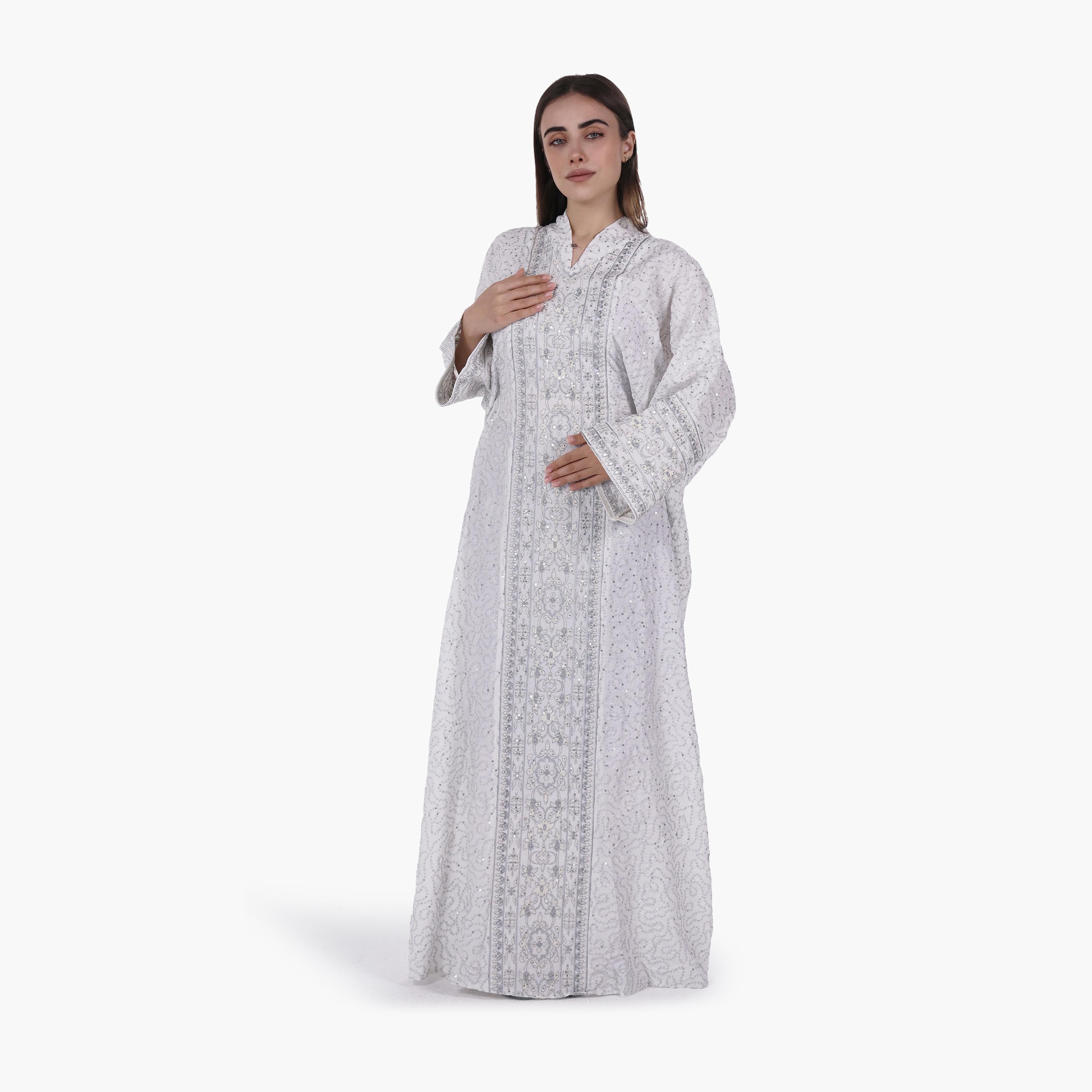 AL BENT AL SHARQIEH Vine Embroidered Flared Sleeves Linen Women's Evening Jalabiya-women-arabicclothing-jalabiyas-image-6
