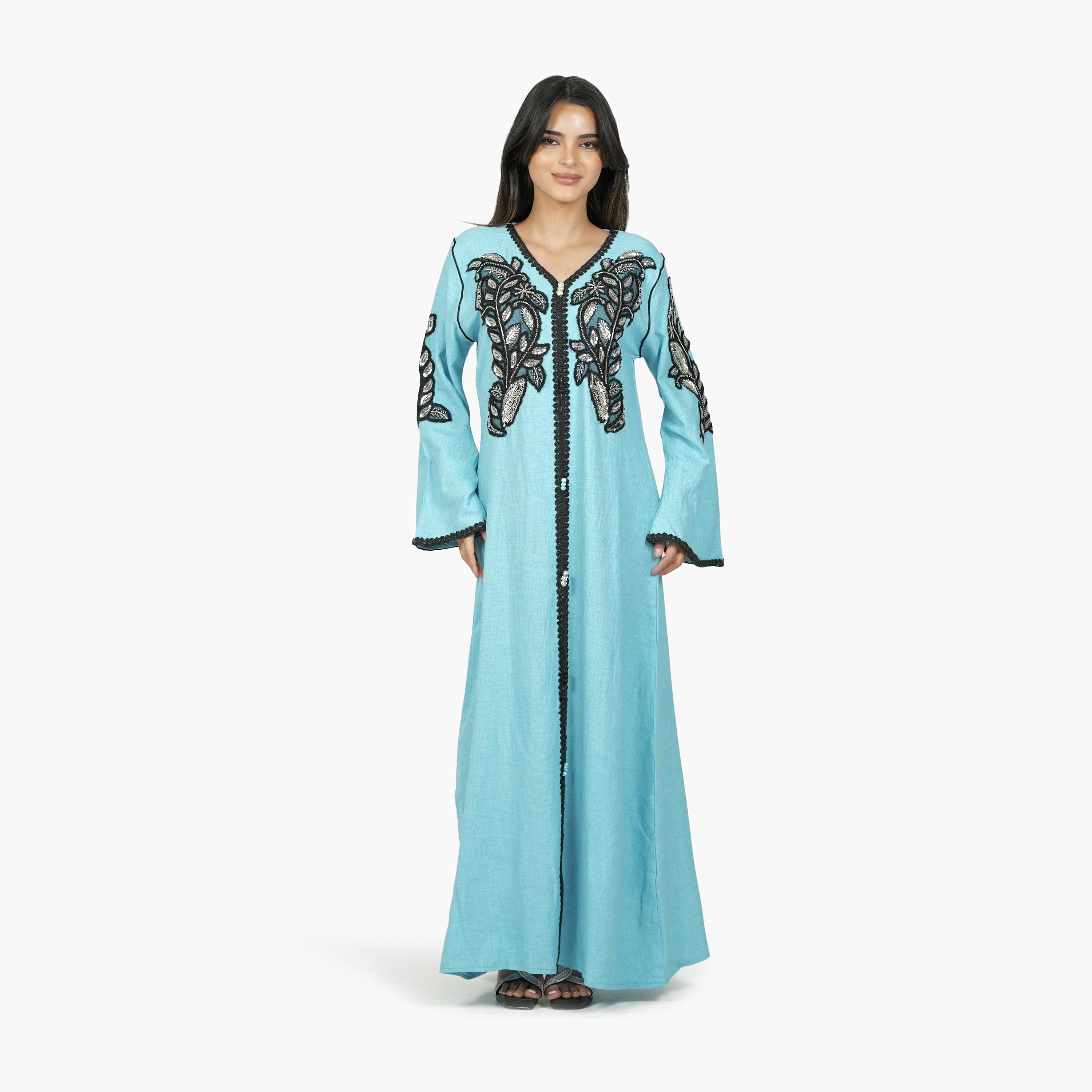 AL BENT AL SHARQIEH Embroidered & Beaded Flared Sleeves Linen Women's Jalabiya-women-arabicclothing-jalabiyas-image-1