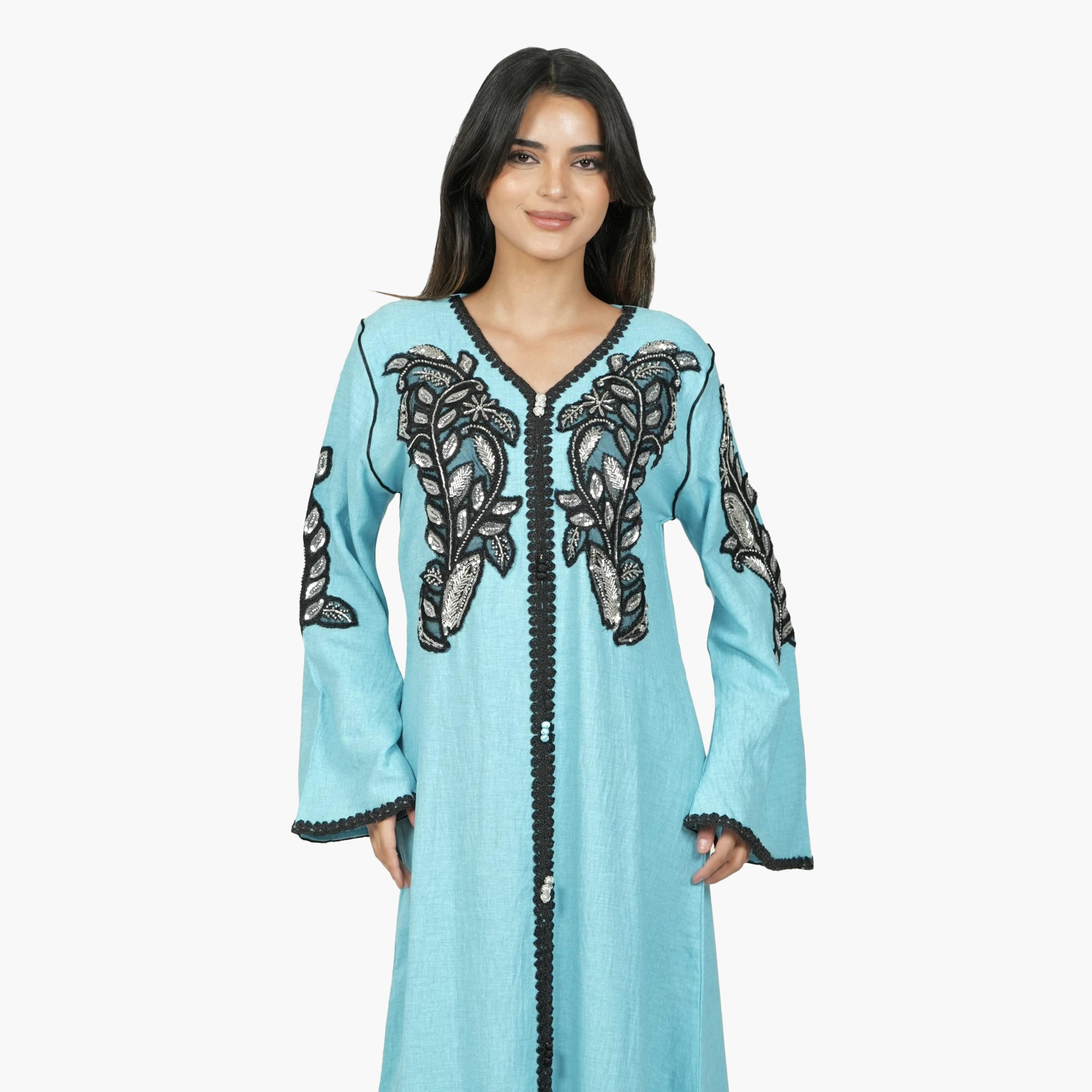 AL BENT AL SHARQIEH Embroidered & Beaded Flared Sleeves Linen Women's Jalabiya-women-arabicclothing-jalabiyas-image-2