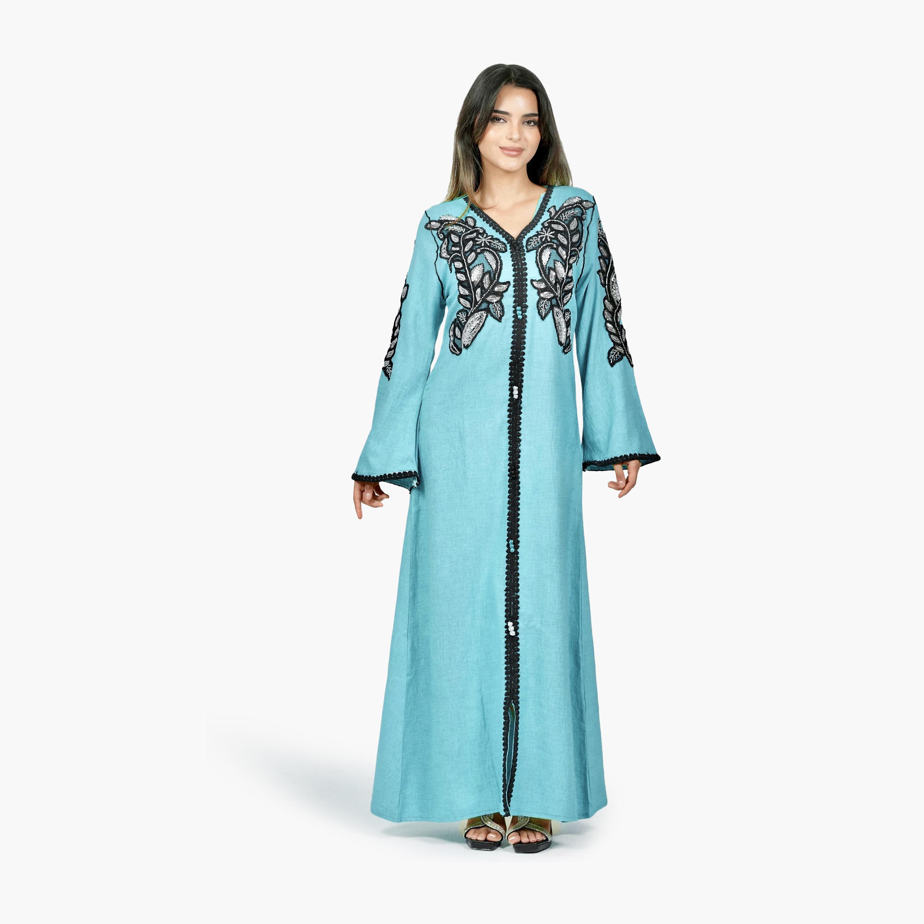 AL BENT AL SHARQIEH Embroidered & Beaded Flared Sleeves Linen Women's Jalabiya-women-arabicclothing-jalabiyas-image-3