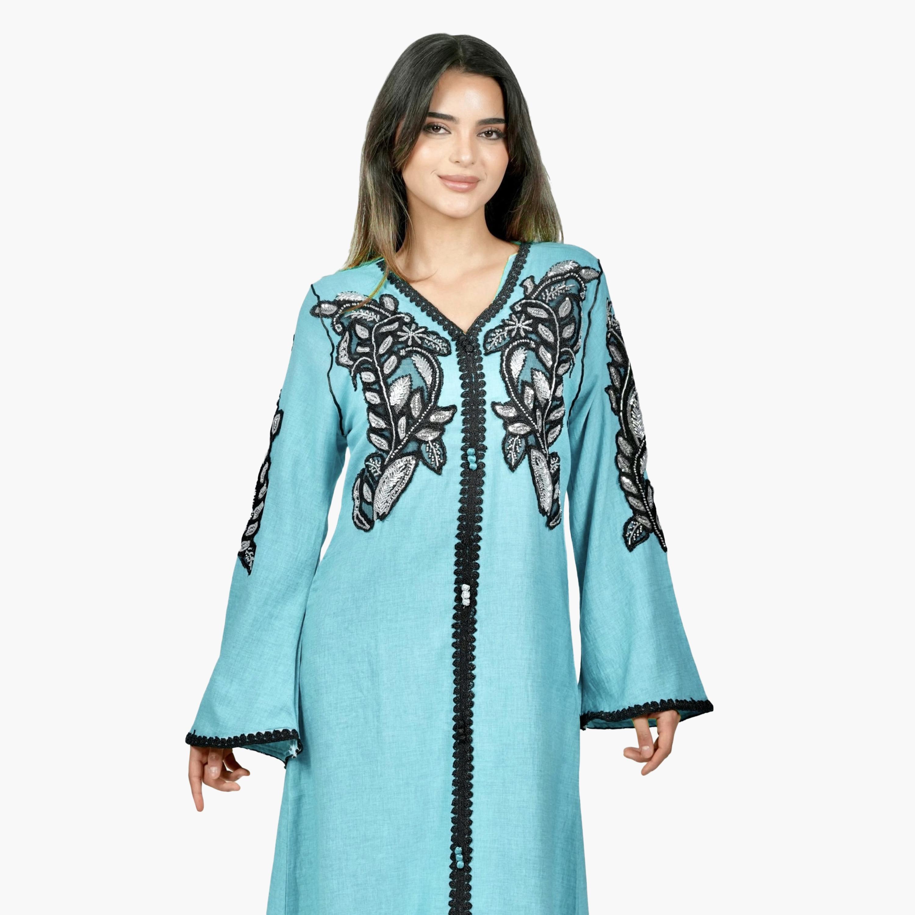 AL BENT AL SHARQIEH Embroidered & Beaded Flared Sleeves Linen Women's Jalabiya-women-arabicclothing-jalabiyas-image-4