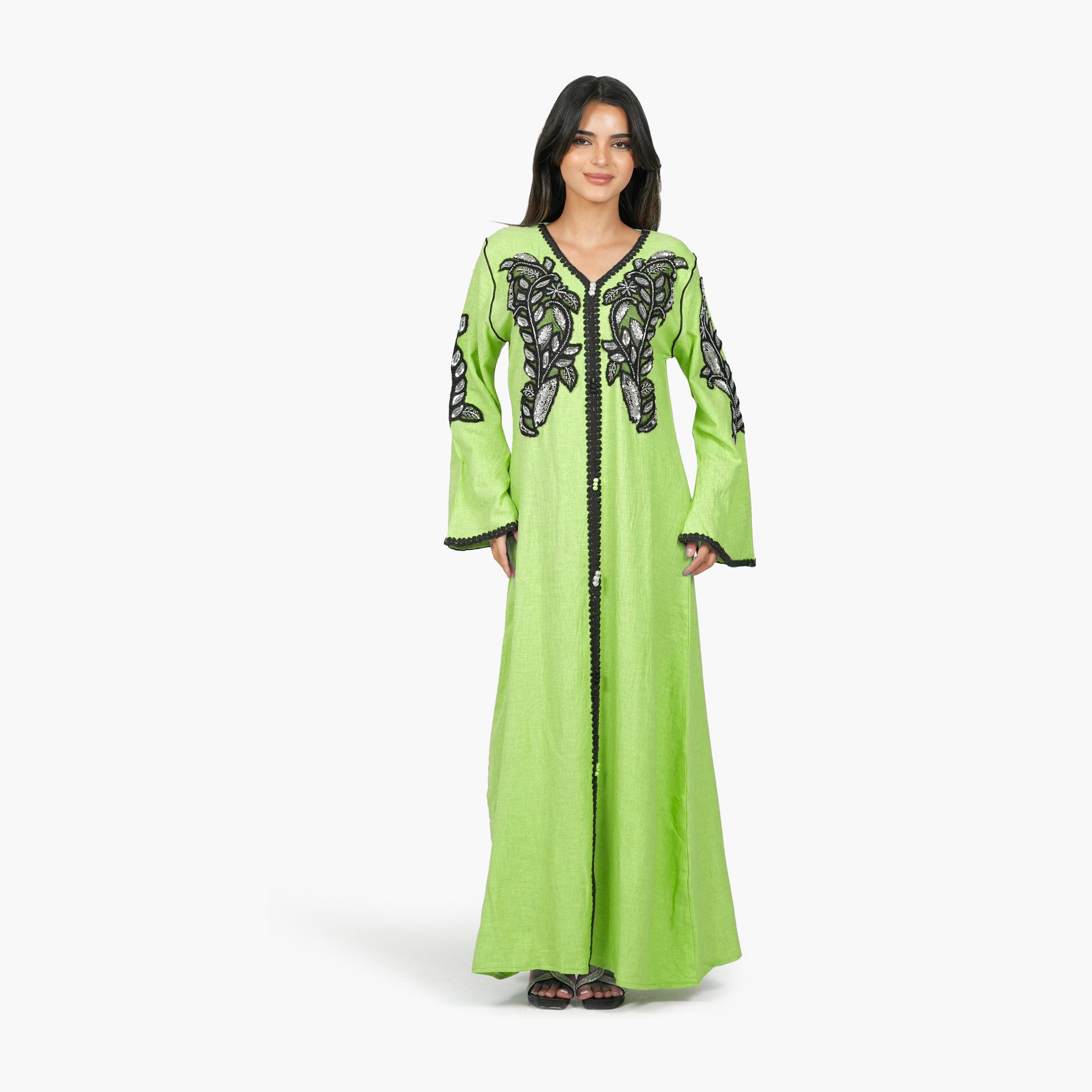 AL BENT AL SHARQIEH Embroidered & Beaded Flared Sleeves Linen Women's Jalabiya-women-arabicclothing-jalabiyas-image-1