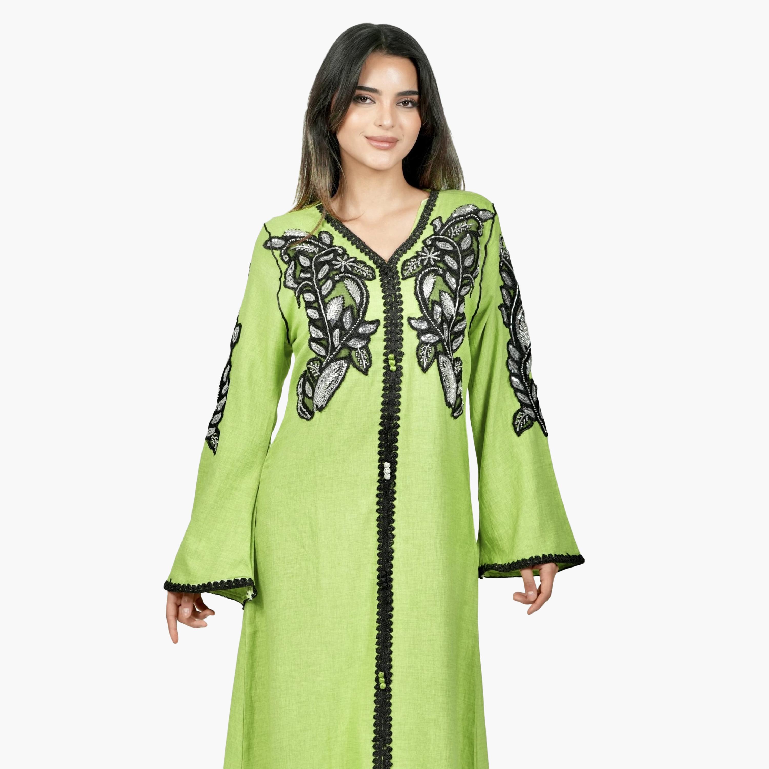 AL BENT AL SHARQIEH Embroidered & Beaded Flared Sleeves Linen Women's Jalabiya-women-arabicclothing-jalabiyas-image-2