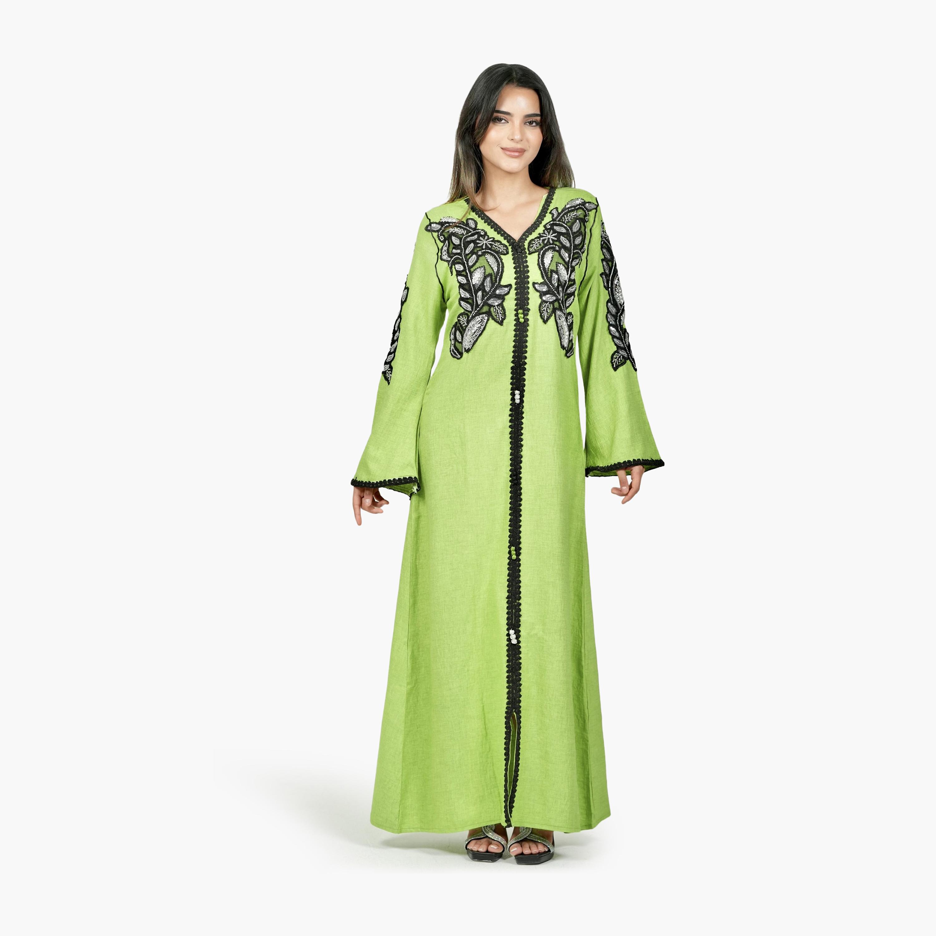 AL BENT AL SHARQIEH Embroidered & Beaded Flared Sleeves Linen Women's Jalabiya-women-arabicclothing-jalabiyas-image-3
