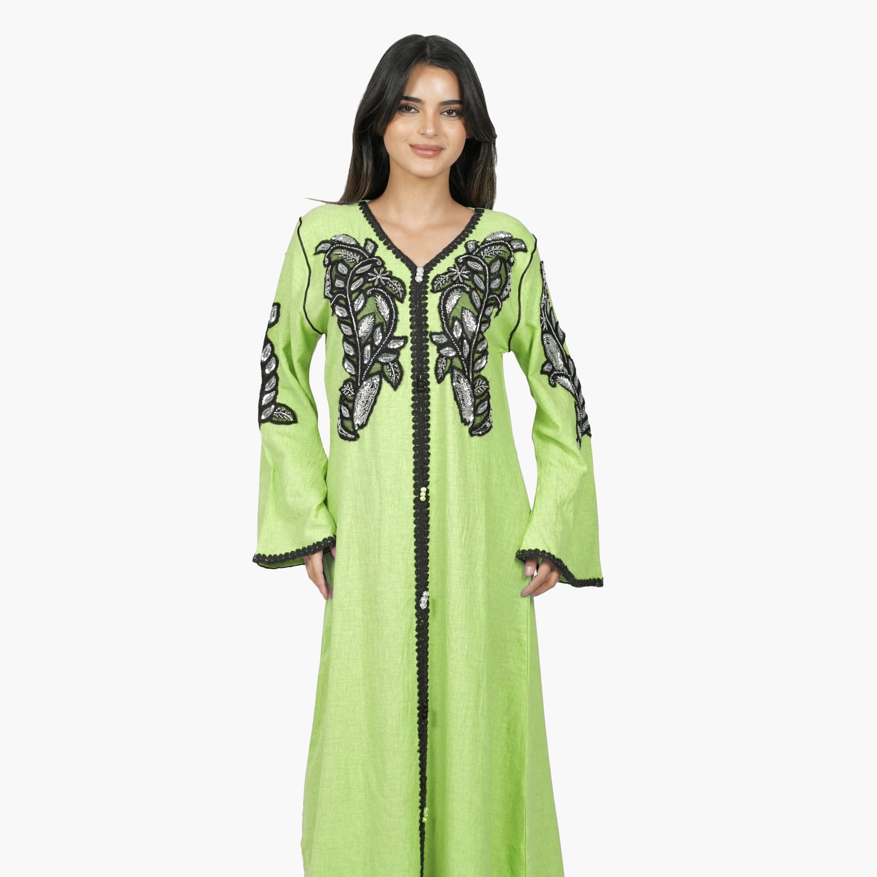 AL BENT AL SHARQIEH Embroidered & Beaded Flared Sleeves Linen Women's Jalabiya-women-arabicclothing-jalabiyas-image-4