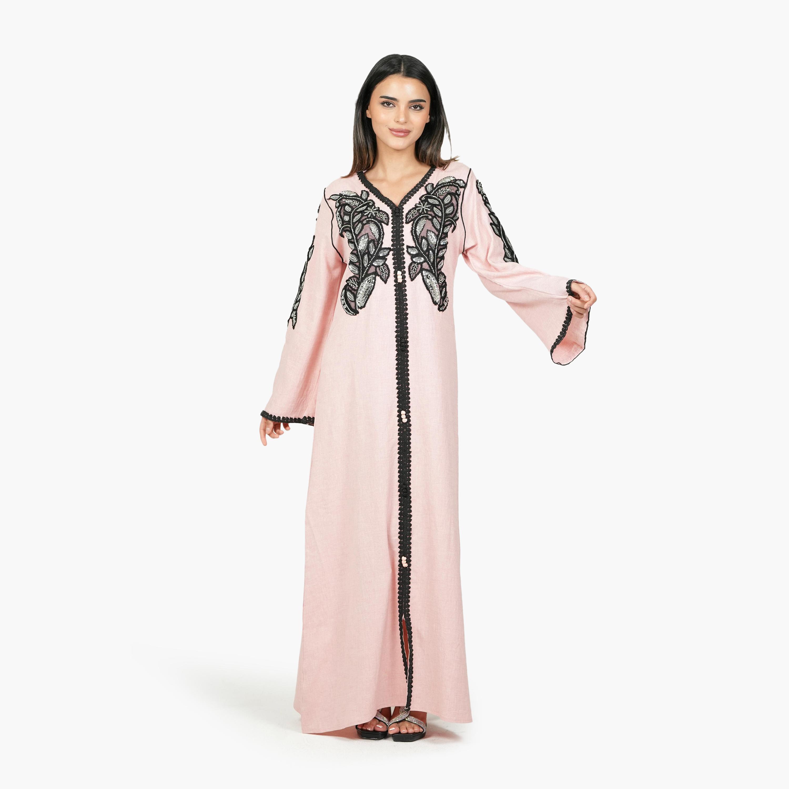AL BENT AL SHARQIEH Embroidered & Beaded Flared Sleeves Linen Women's Jalabiya-women-arabicclothing-jalabiyas-image-1