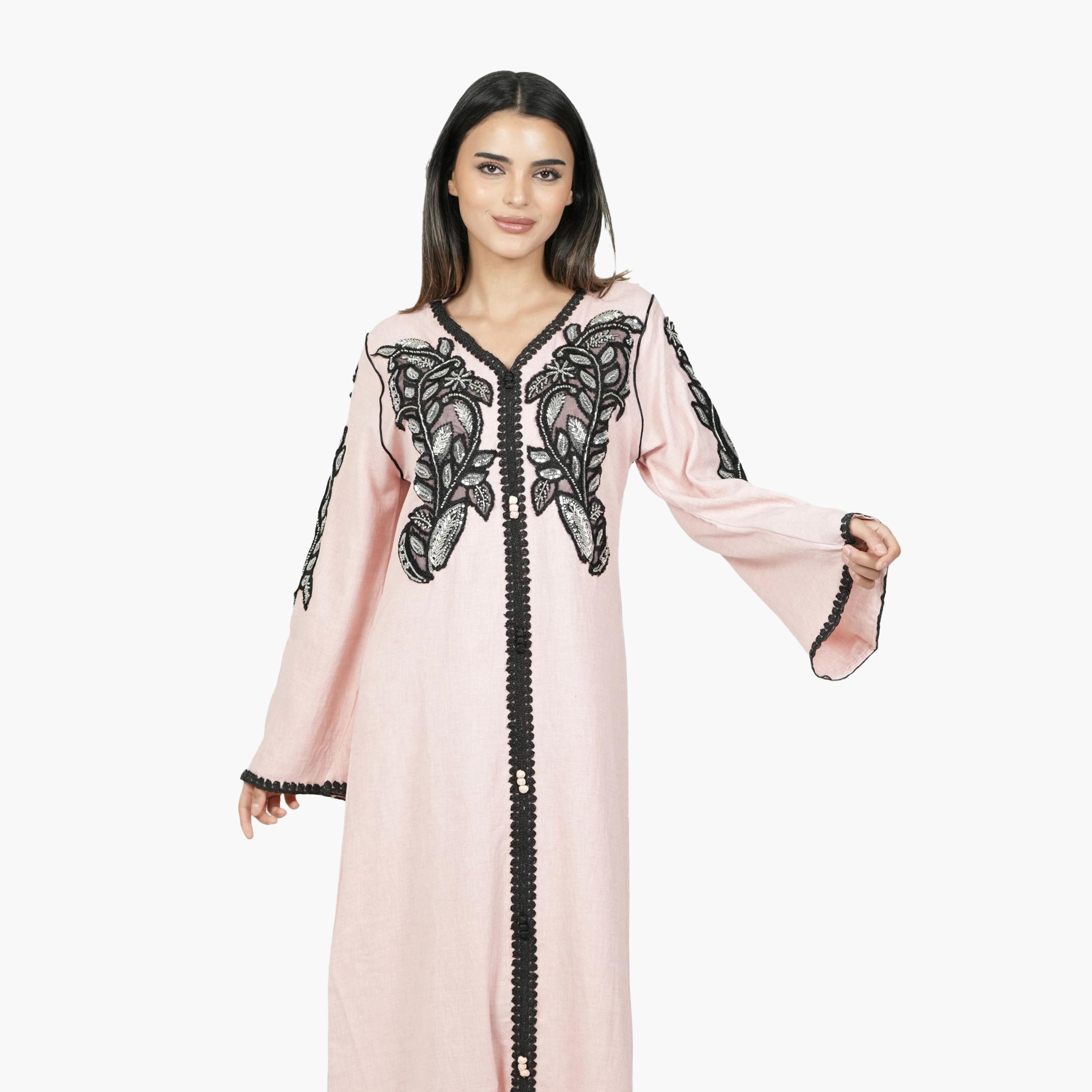 AL BENT AL SHARQIEH Embroidered & Beaded Flared Sleeves Linen Women's Jalabiya-women-arabicclothing-jalabiyas-image-2