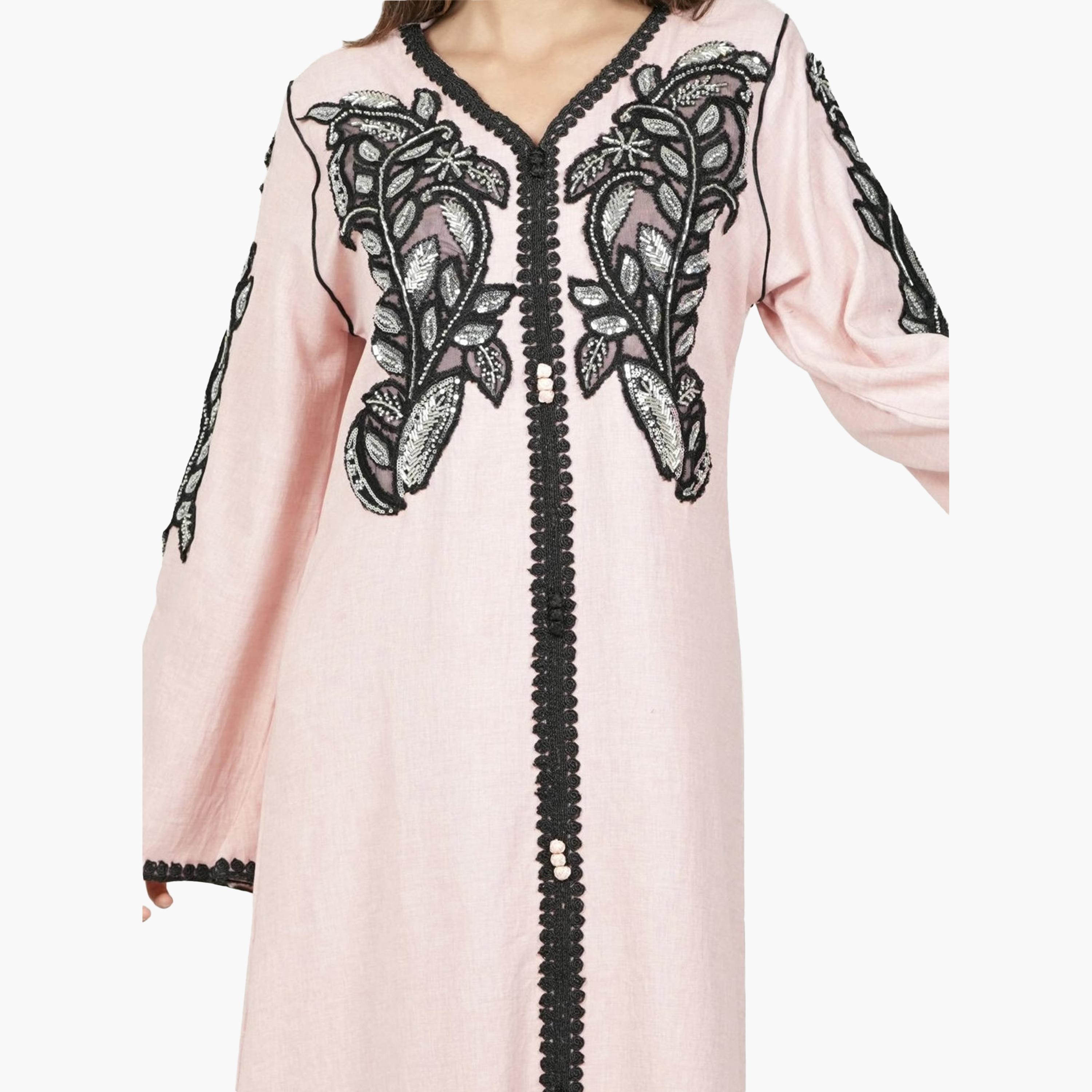 AL BENT AL SHARQIEH Embroidered & Beaded Flared Sleeves Linen Women's Jalabiya-women-arabicclothing-jalabiyas-image-3