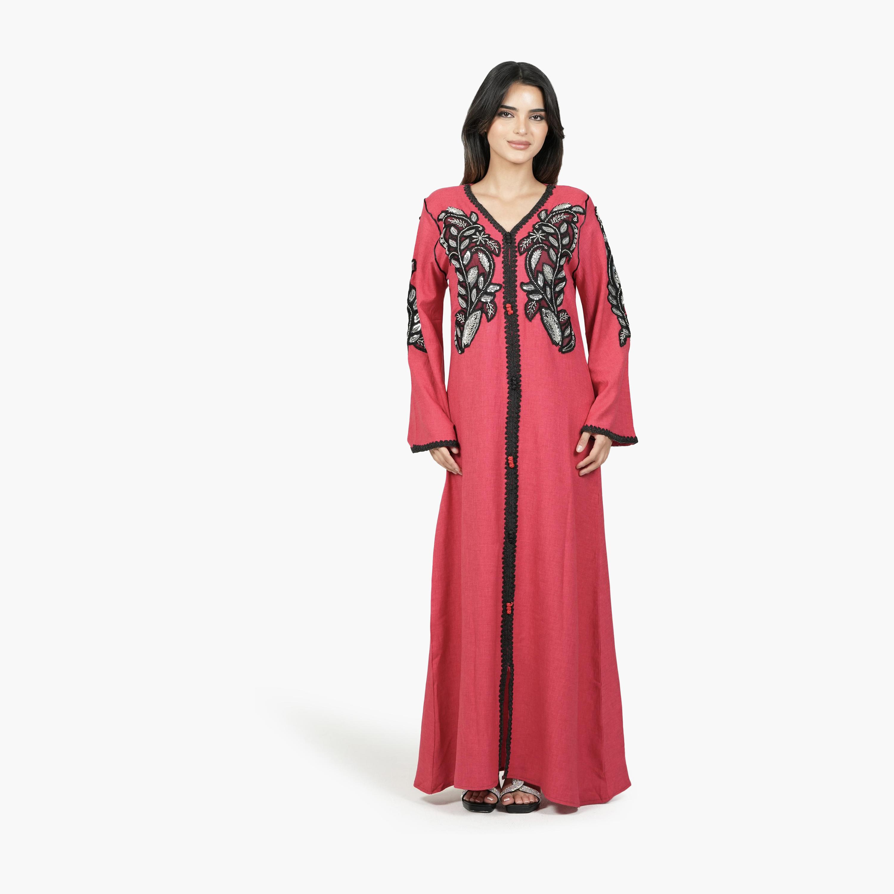 AL BENT AL SHARQIEH Embroidered & Beaded Flared Sleeves Linen Women's Jalabiya-women-arabicclothing-jalabiyas-image-1
