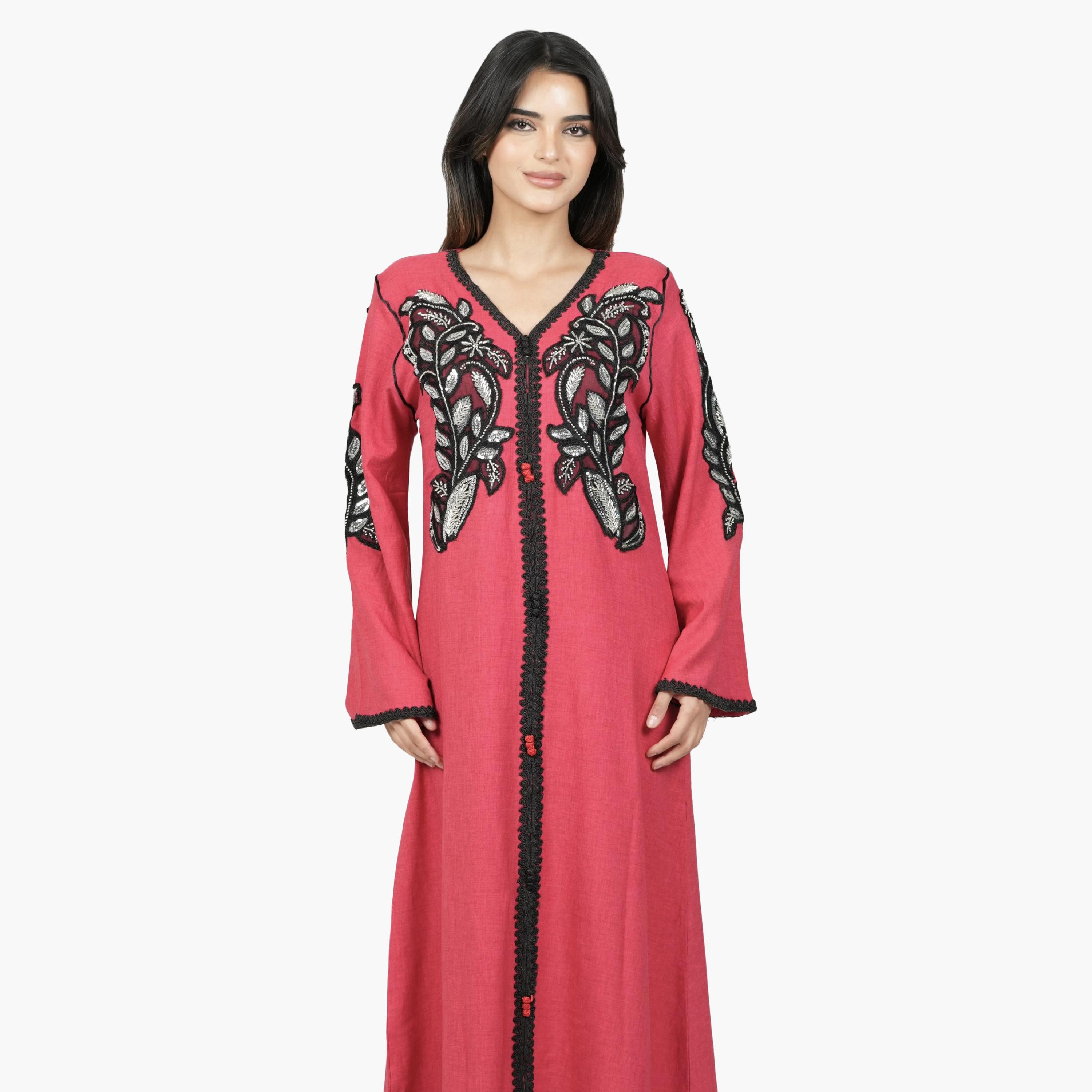AL BENT AL SHARQIEH Embroidered & Beaded Flared Sleeves Linen Women's Jalabiya-women-arabicclothing-jalabiyas-image-2