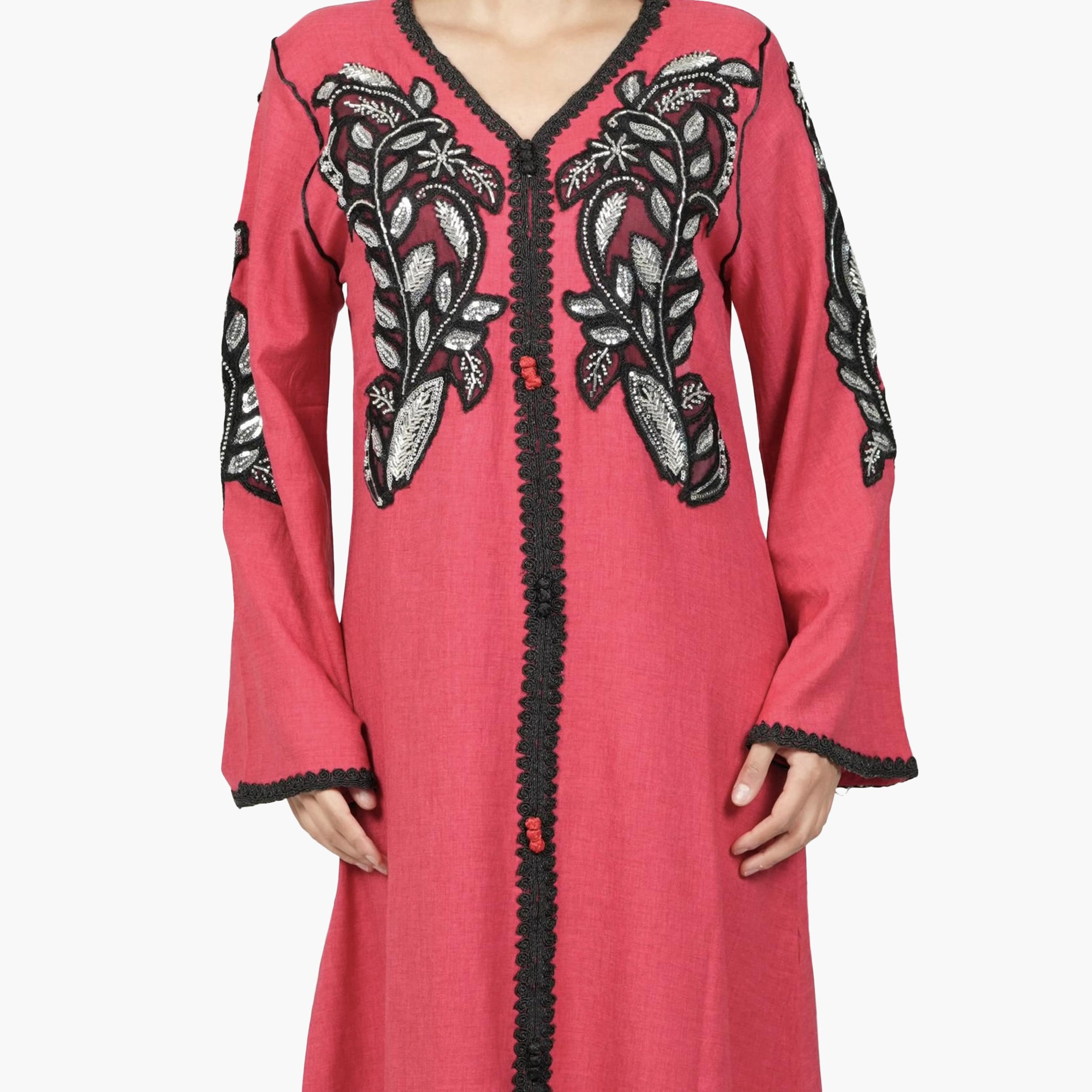 AL BENT AL SHARQIEH Embroidered & Beaded Flared Sleeves Linen Women's Jalabiya-women-arabicclothing-jalabiyas-image-3