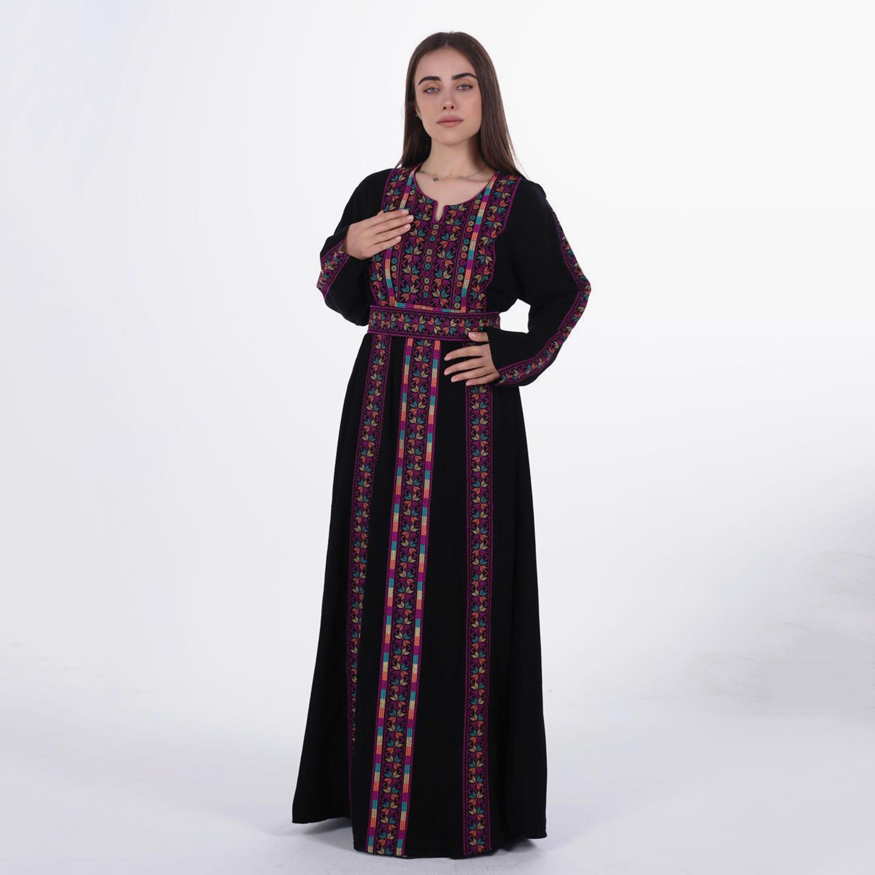 جلابية نسائية بتطريز فلاحي وحزام قماش كريب من البنت الشرقية-women-arabicclothing-jalabiyas-image-1