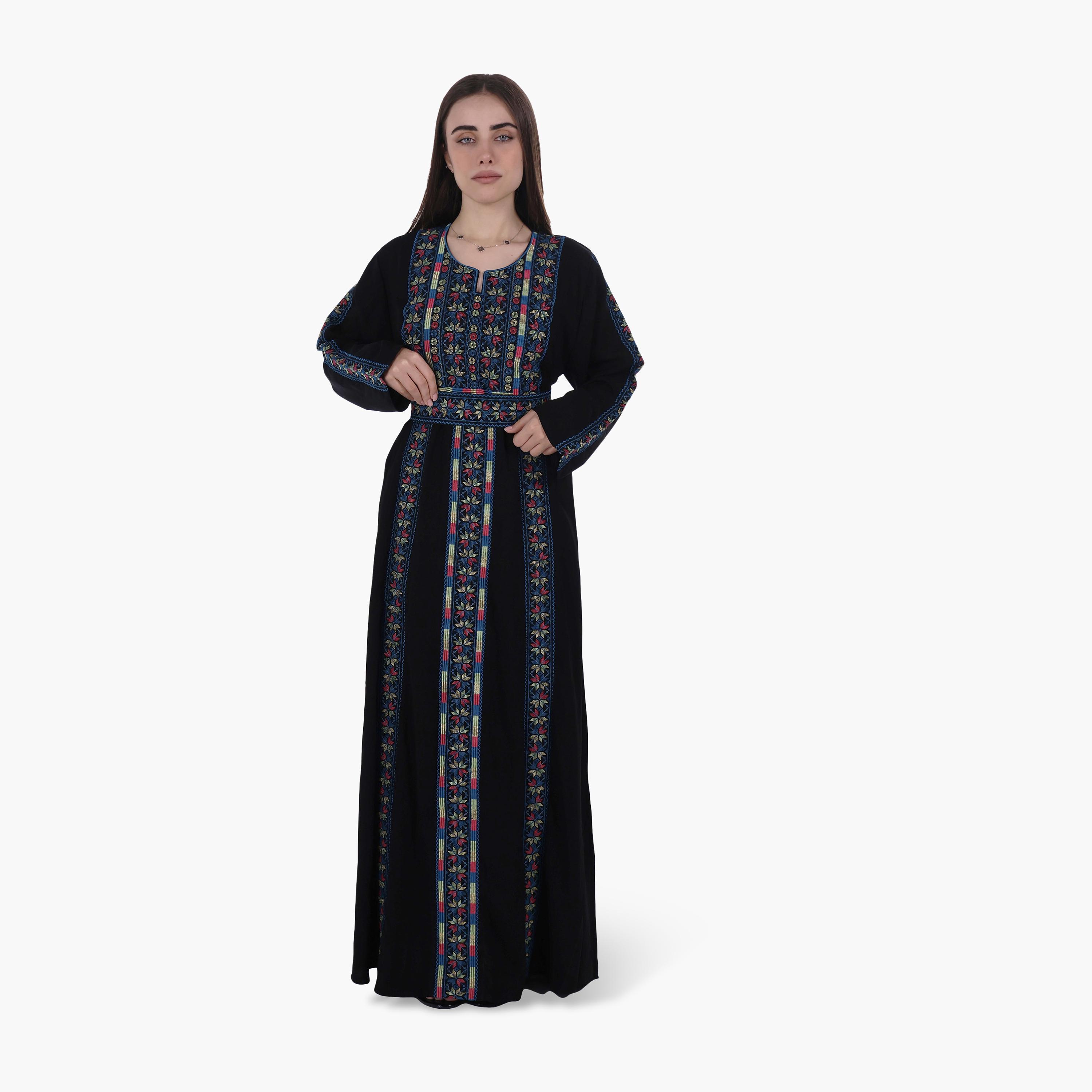 جلابية نسائية بتطريز فلاحي وحزام قماش كريب من البنت الشرقية-women-arabicclothing-jalabiyas-image-1