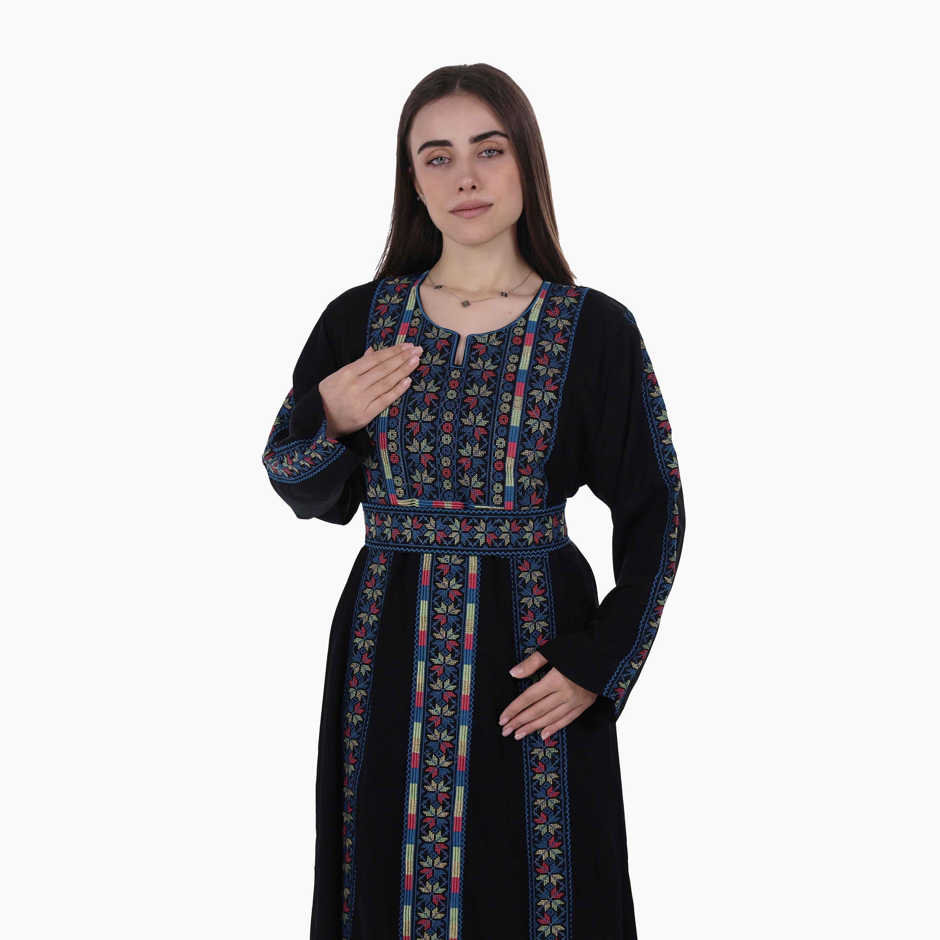 جلابية نسائية بتطريز فلاحي وحزام قماش كريب من البنت الشرقية-women-arabicclothing-jalabiyas-image-2