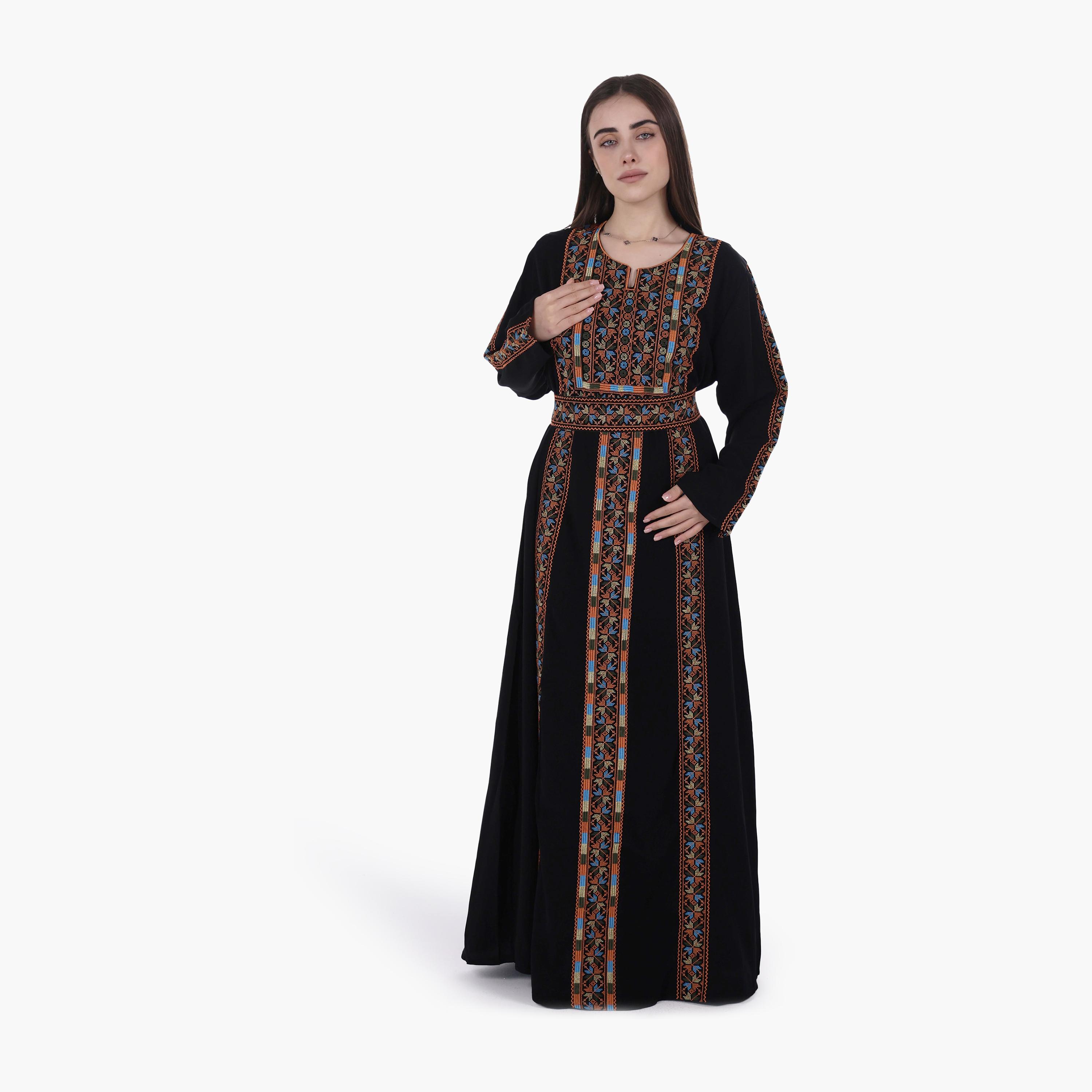 جلابية نسائية بتطريز فلاحي وحزام قماش كريب من البنت الشرقية-women-arabicclothing-jalabiyas-image-1