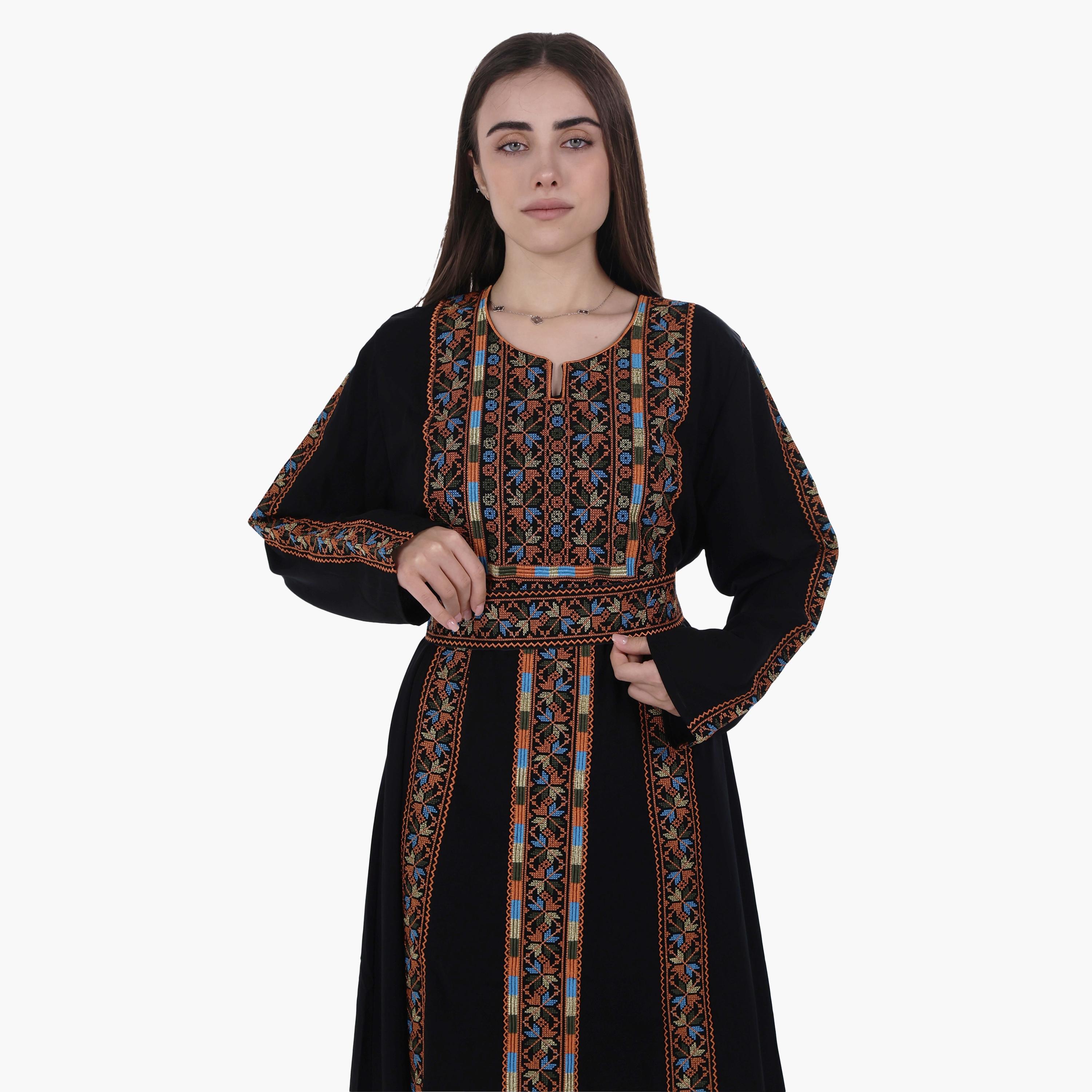 جلابية نسائية بتطريز فلاحي وحزام قماش كريب من البنت الشرقية-women-arabicclothing-jalabiyas-image-2