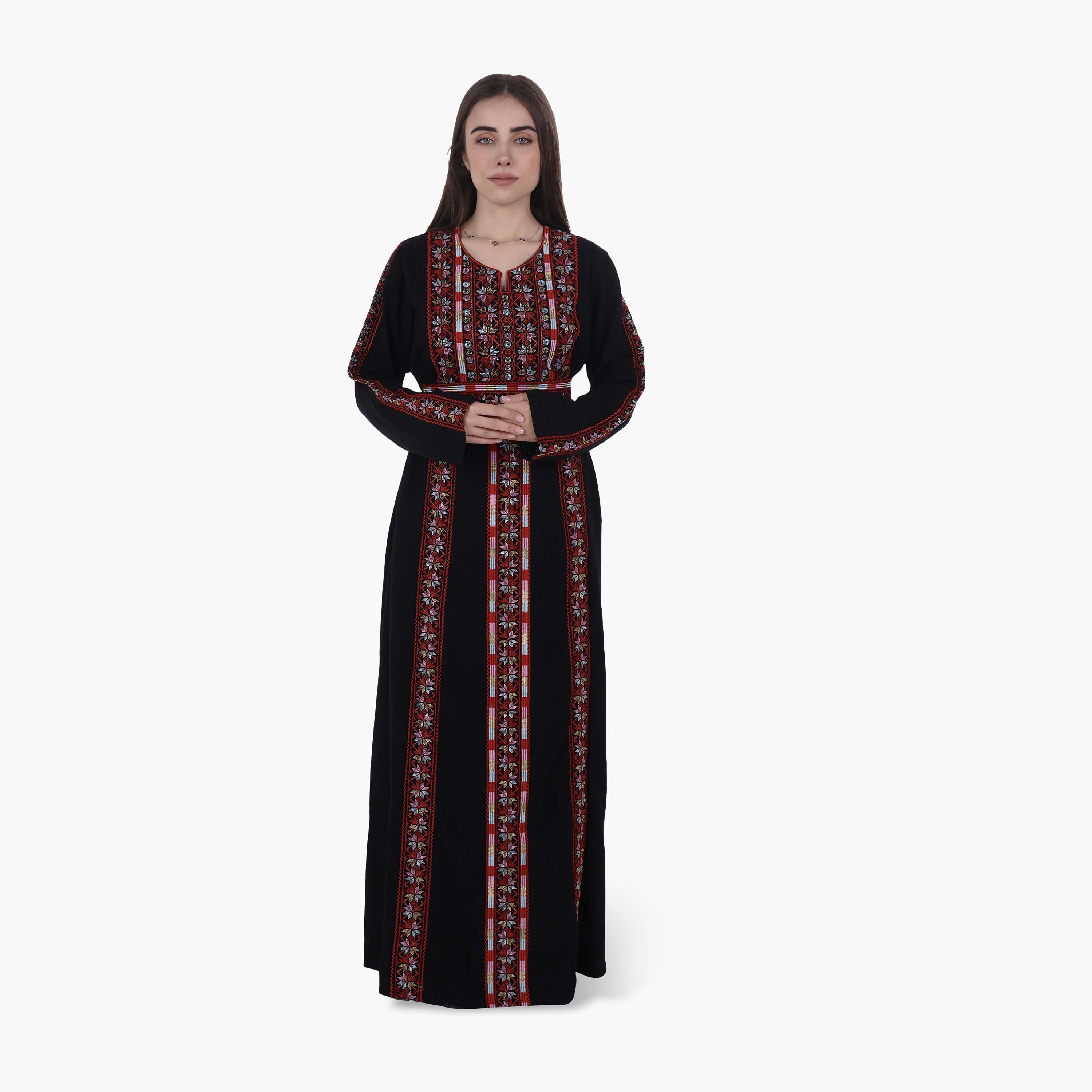 جلابية نسائية بتطريز فلاحي وحزام قماش كريب - أسود من البنت الشرقية-women-arabicclothing-jalabiyas-image-1