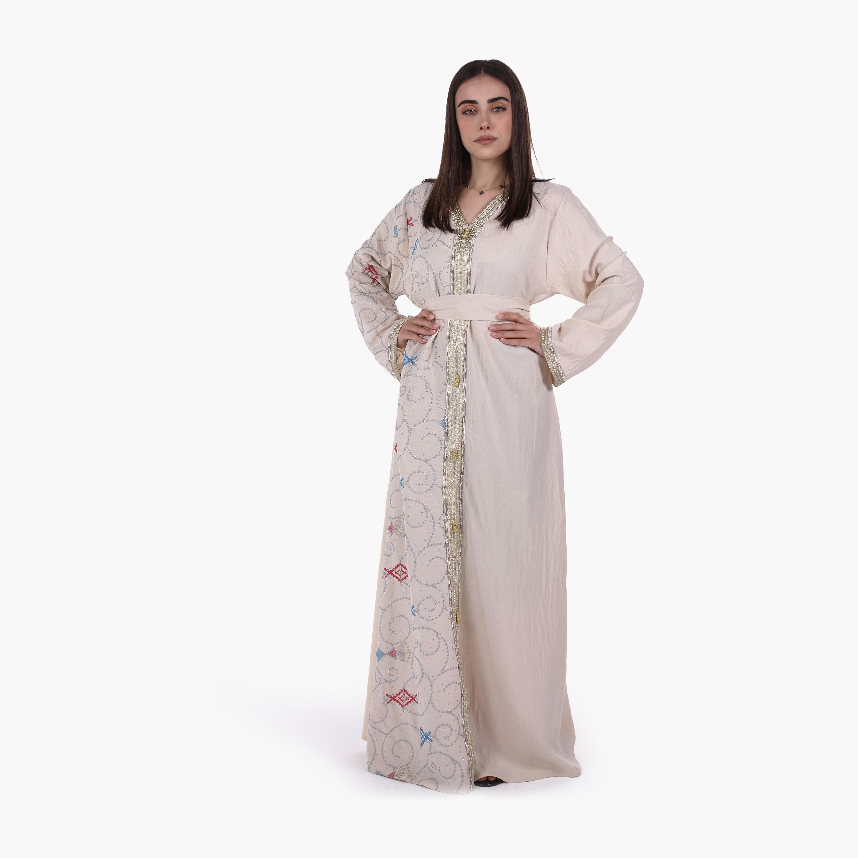 AL BENT AL SHARQIEH Embroidered Linen Women's Jalabiya with Belt-women-arabicclothing-jalabiyas-image-1