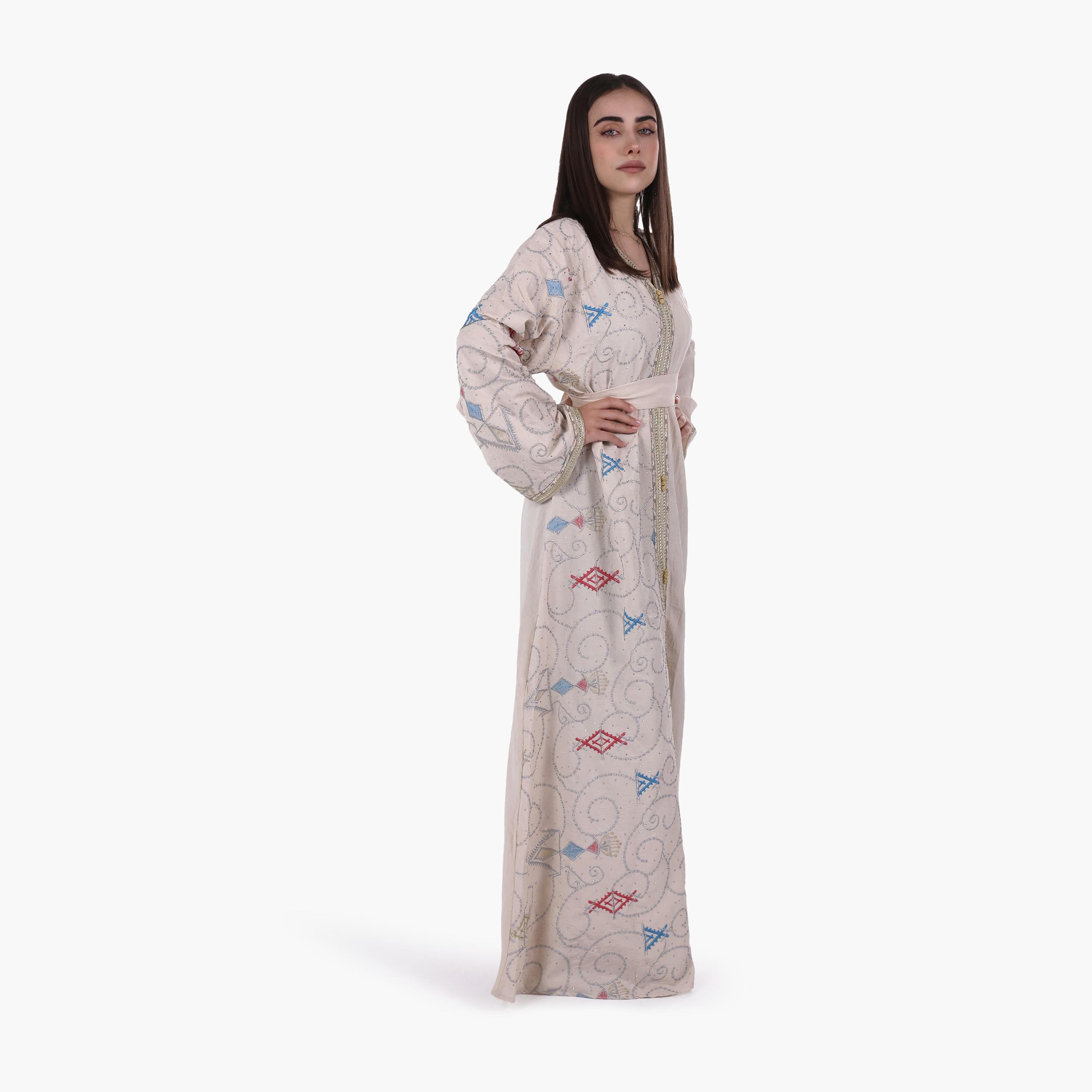 AL BENT AL SHARQIEH Embroidered Linen Women's Jalabiya with Belt-women-arabicclothing-jalabiyas-image-3