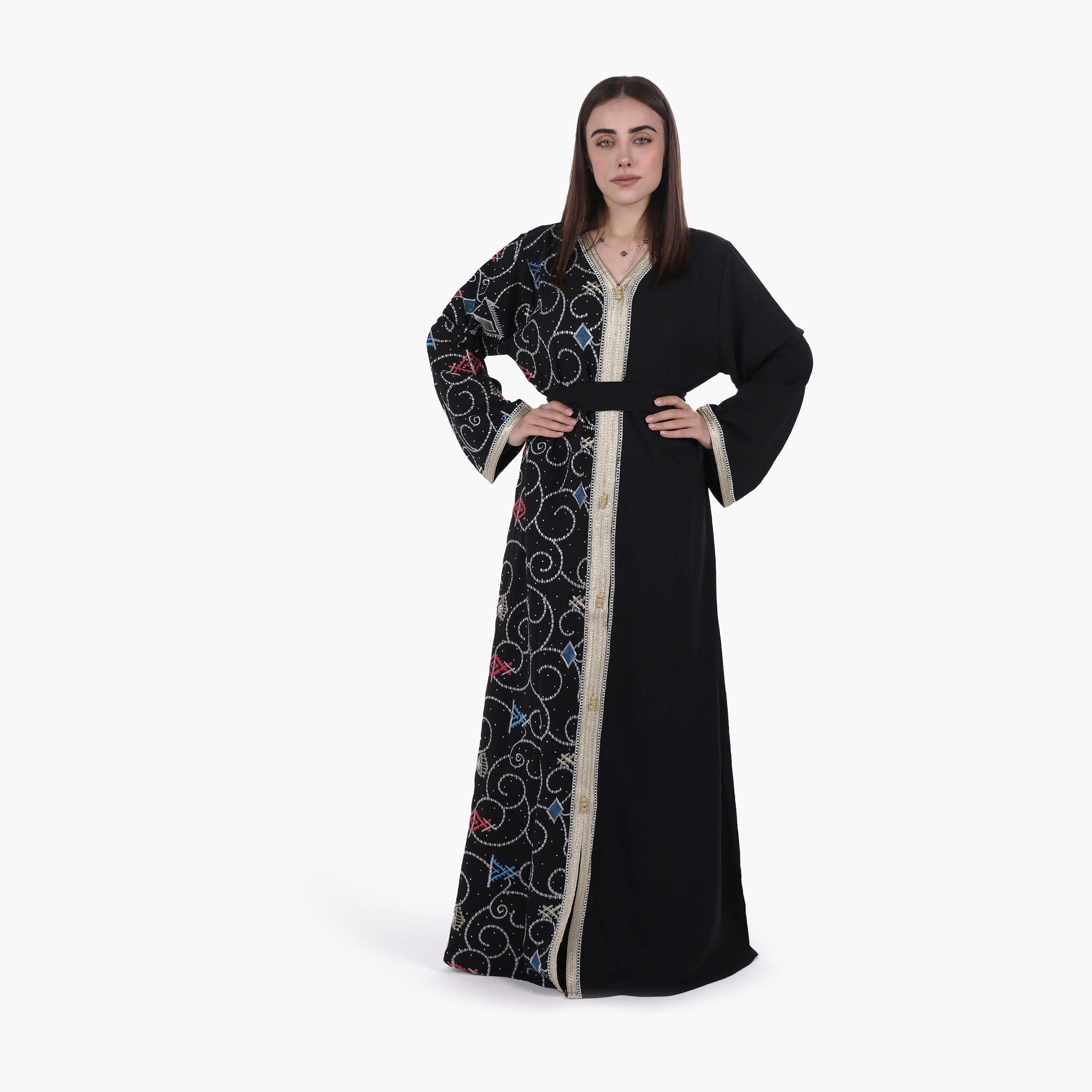 AL BENT AL SHARQIEH Embroidered Linen Women's Jalabiya with Belt-women-arabicclothing-jalabiyas-image-1