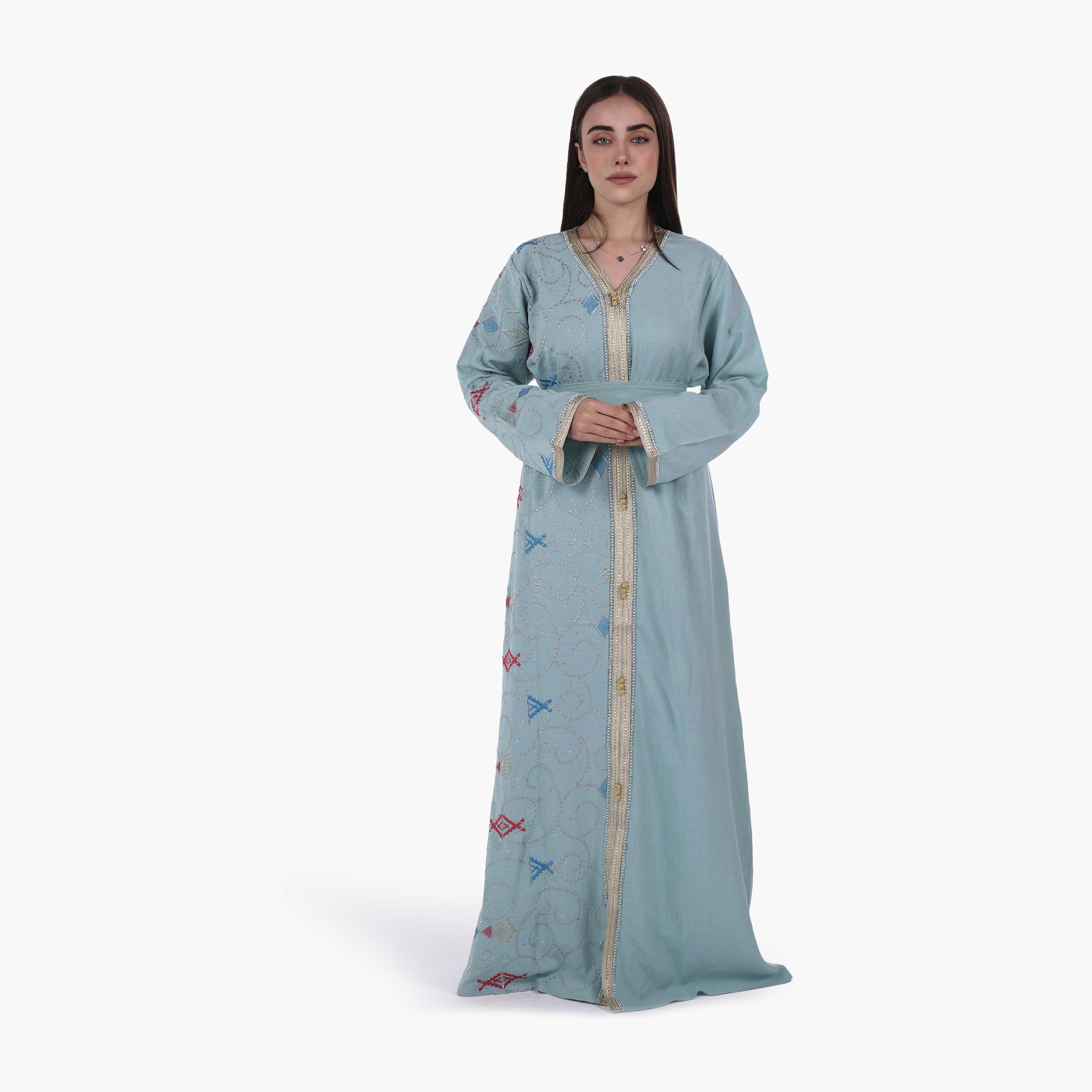 AL BENT AL SHARQIEH Embroidered Linen Women's Jalabiya with Belt-women-arabicclothing-jalabiyas-image-1