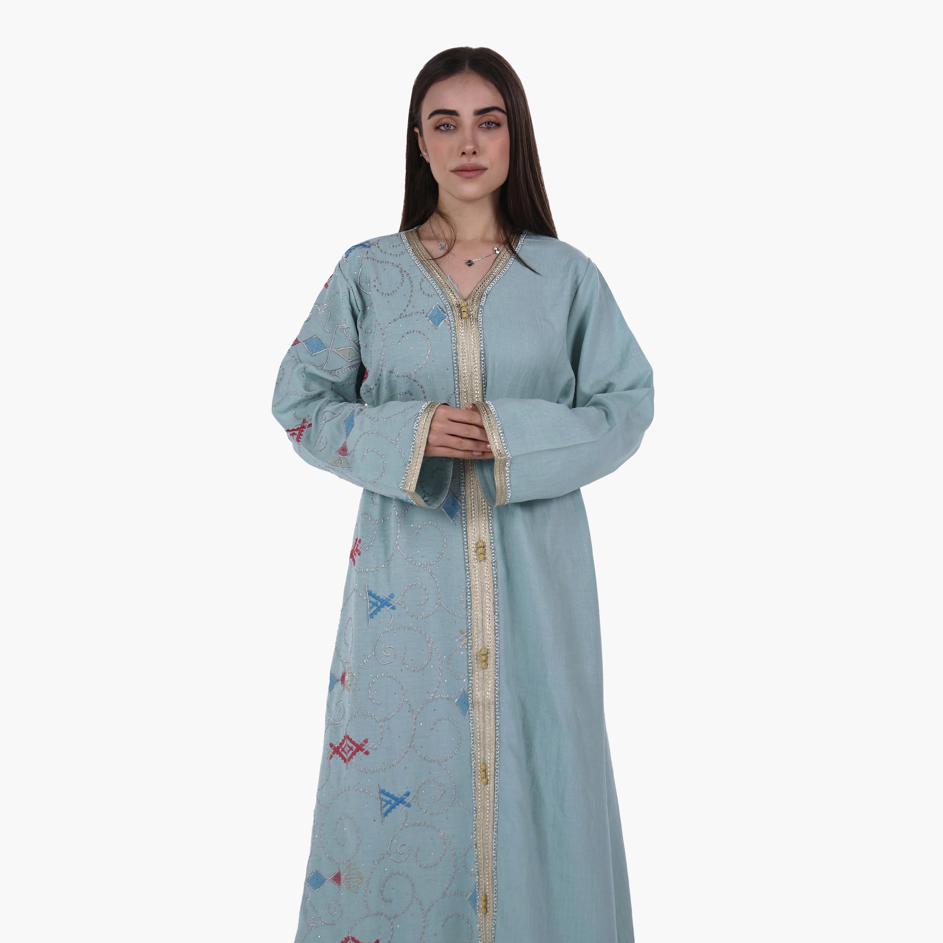 AL BENT AL SHARQIEH Embroidered Linen Women's Jalabiya with Belt-women-arabicclothing-jalabiyas-image-3
