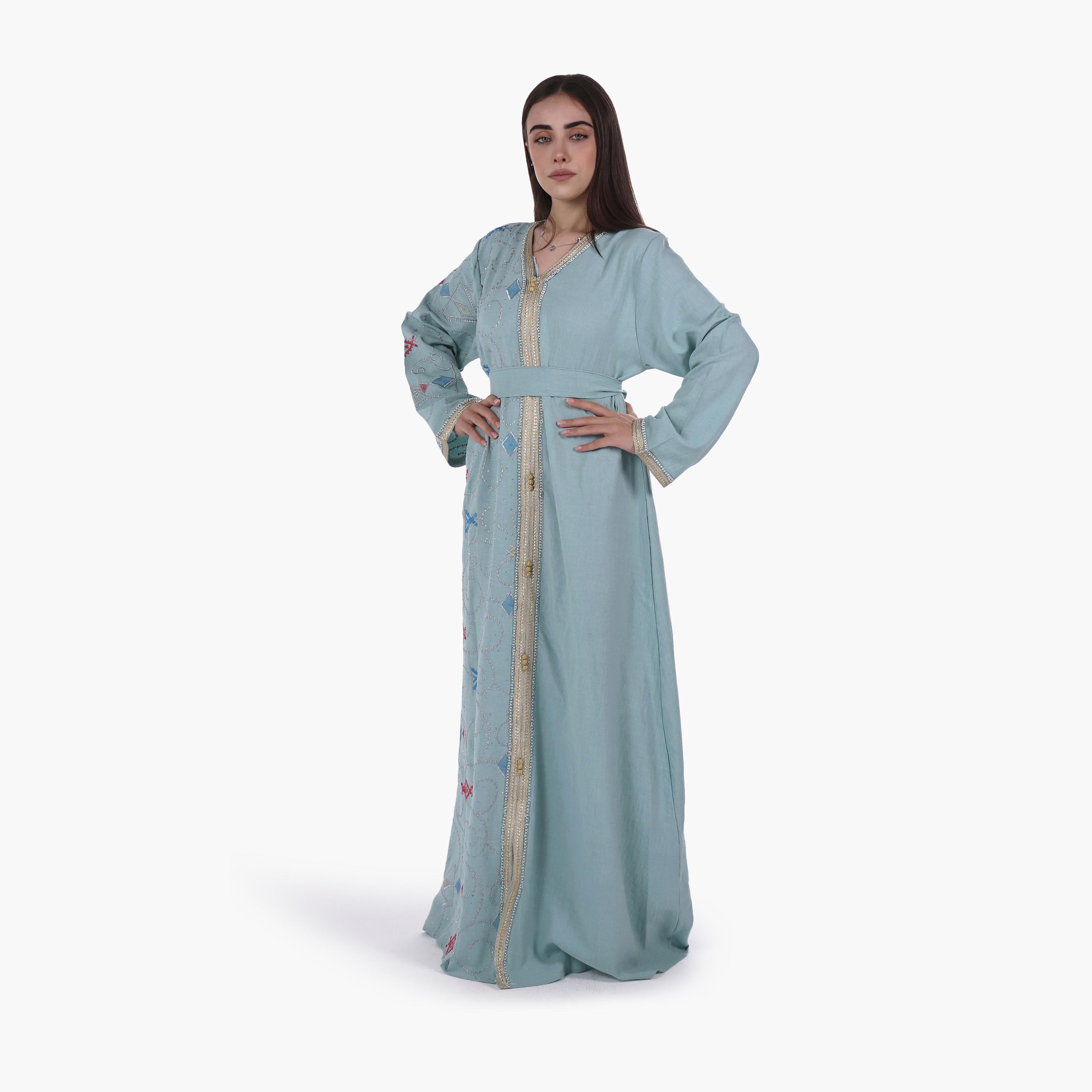 AL BENT AL SHARQIEH Embroidered Linen Women's Jalabiya with Belt-women-arabicclothing-jalabiyas-image-4