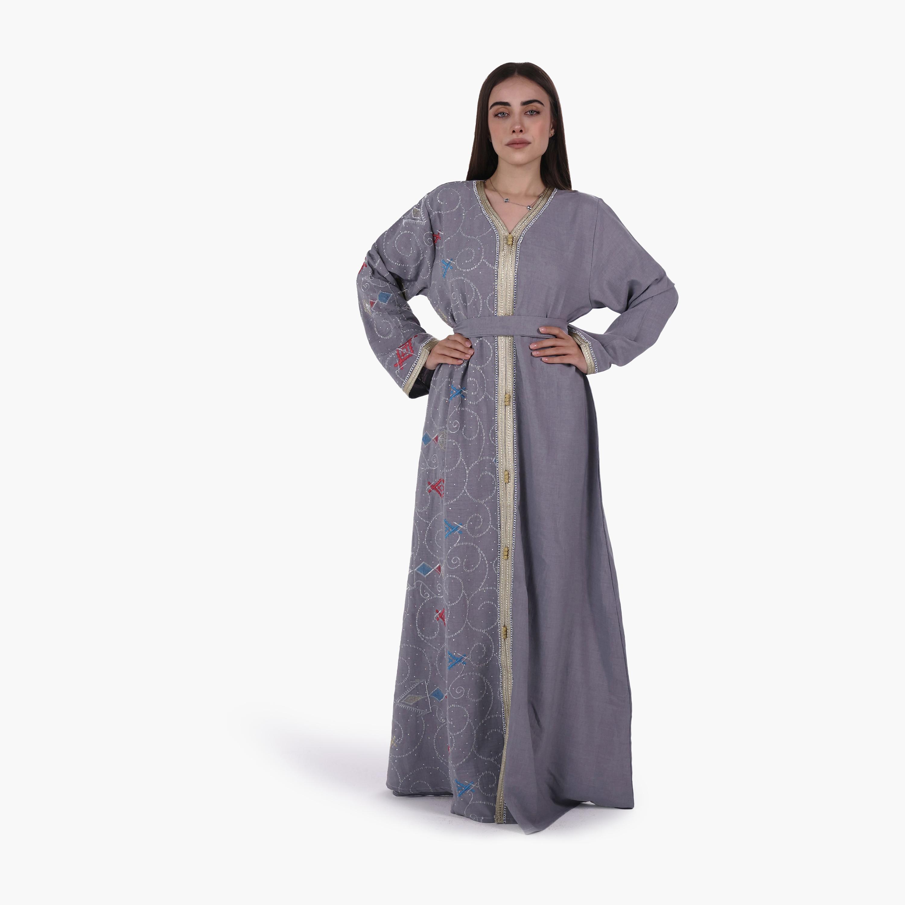 AL BENT AL SHARQIEH Embroidered Linen Women's Jalabiya with Belt-women-arabicclothing-jalabiyas-image-1
