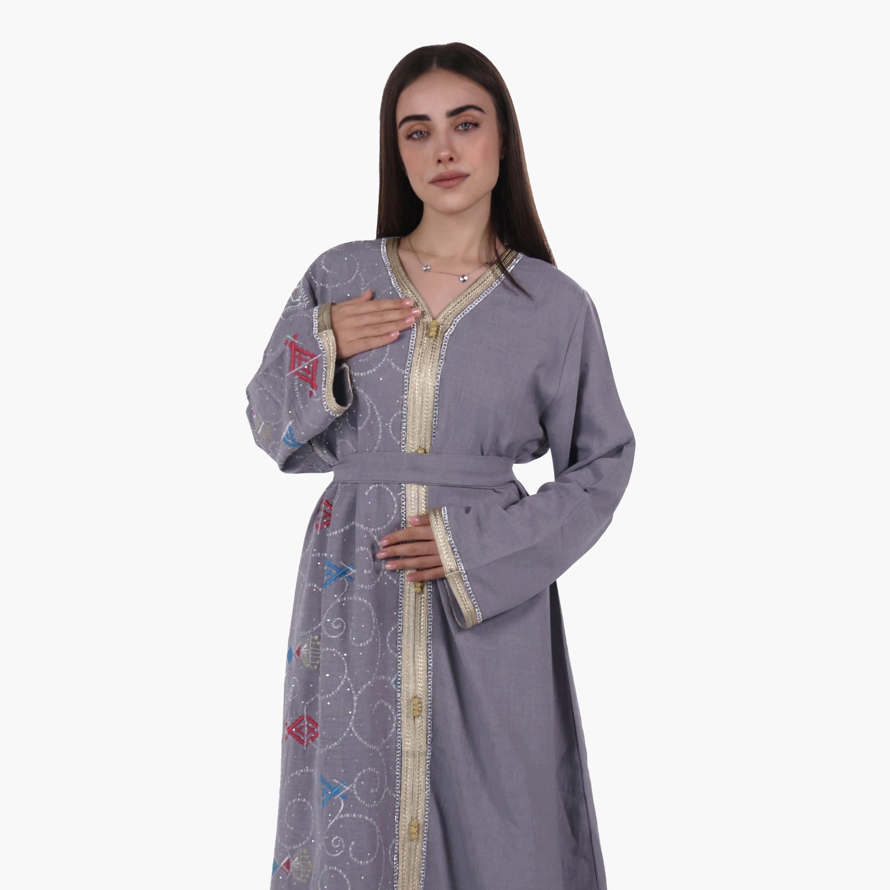 AL BENT AL SHARQIEH Embroidered Linen Women's Jalabiya with Belt-women-arabicclothing-jalabiyas-image-3