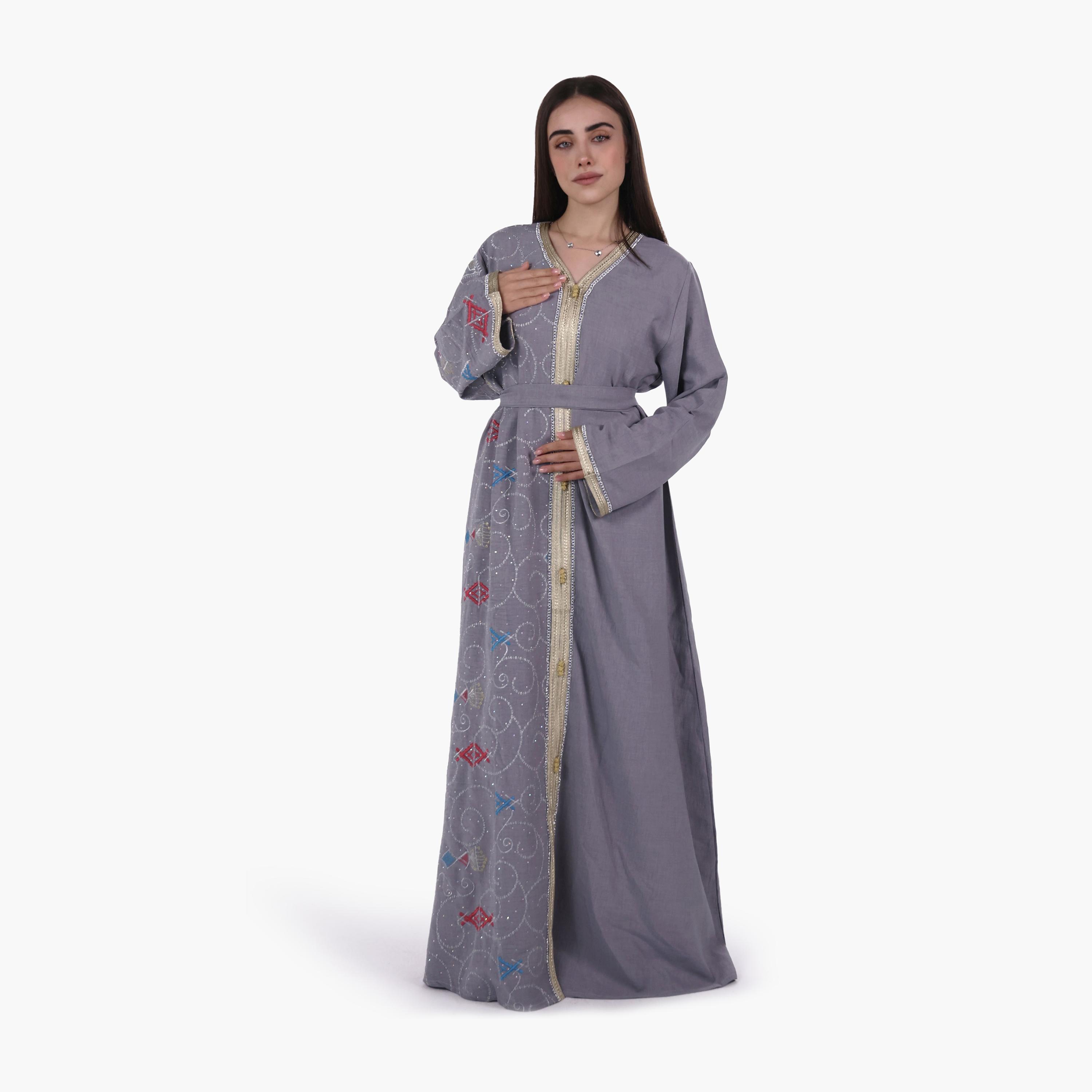 AL BENT AL SHARQIEH Embroidered Linen Women's Jalabiya with Belt-women-arabicclothing-jalabiyas-image-4