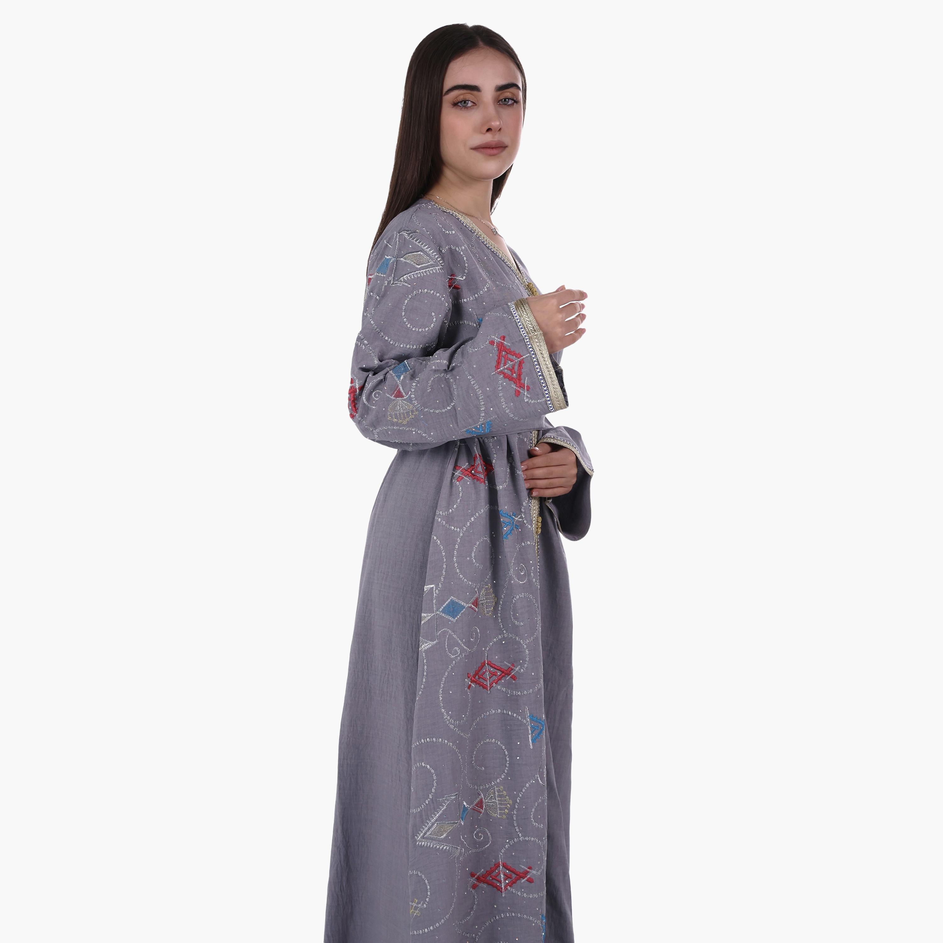 AL BENT AL SHARQIEH Embroidered Linen Women's Jalabiya with Belt-women-arabicclothing-jalabiyas-image-6